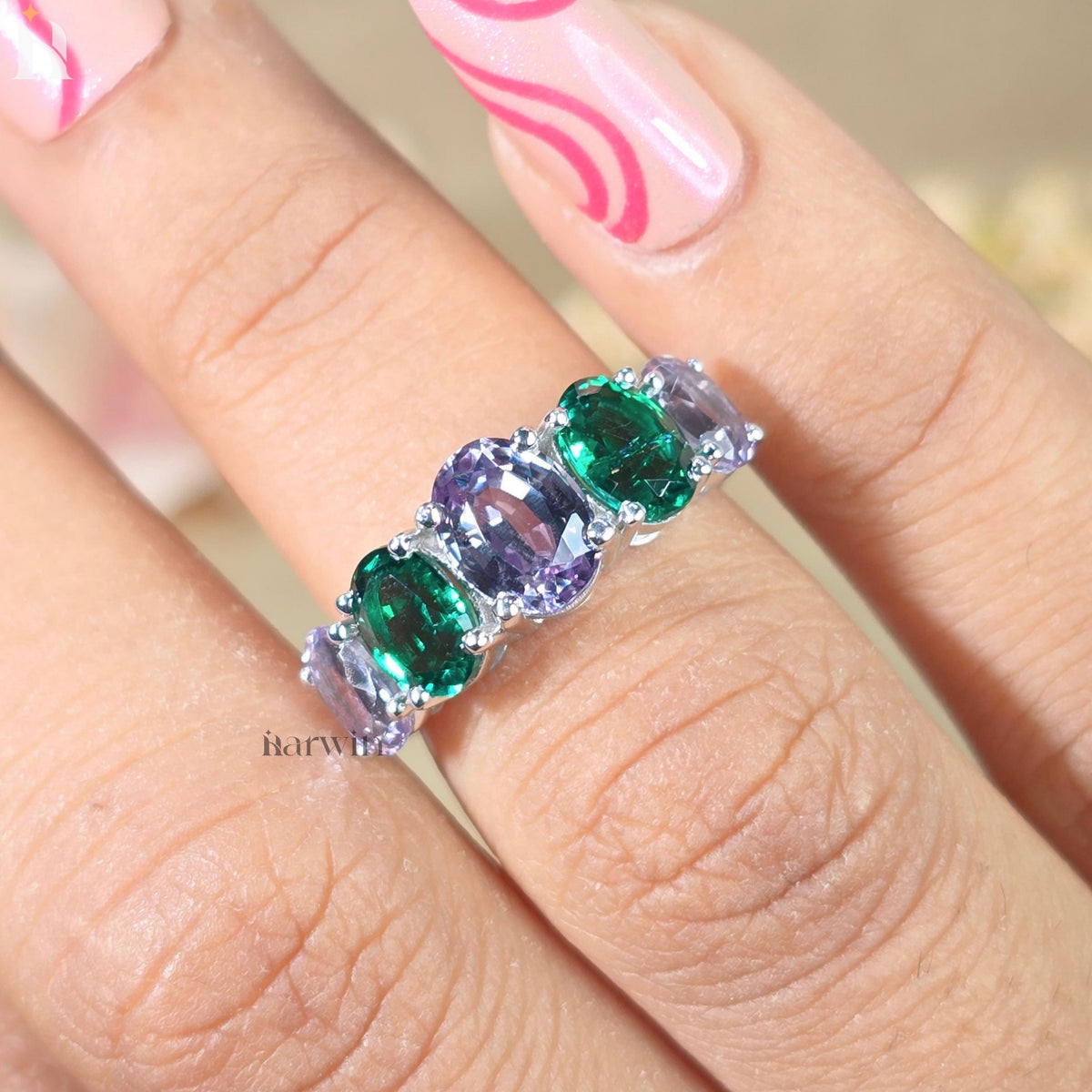 Color Changing Alexandrite & Emerald Five Stone Ring, Art Deco Wedding Band,935 Argentium Silver Anniversary Ring