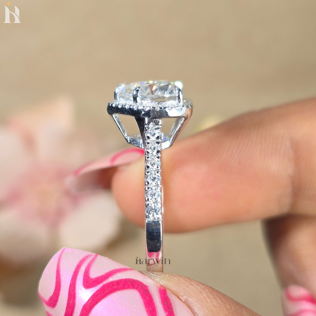 2CT Heart Cut Lab Grown Diamond Halo Engagement Ring, Pave Set Band  Proposal Ring