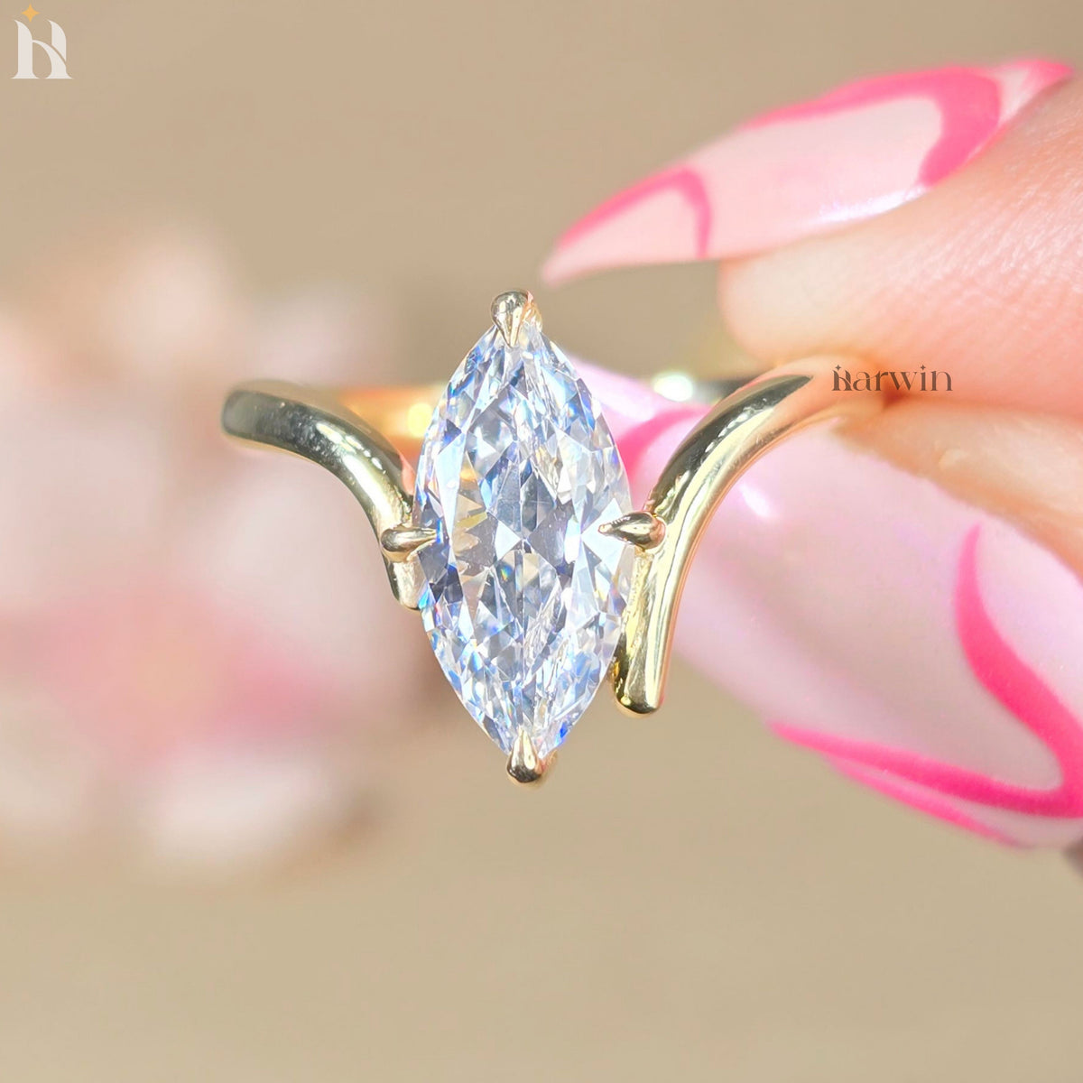 2 CT Marquise Cut Moissanite Promise Ring, V-shape Band, Chevron Style Gold Ring
