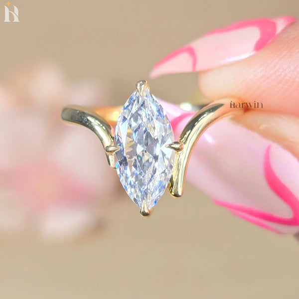 2 CT Marquise Cut Moissanite Promise Ring, V-shape Band, Chevron Style Gold Ring