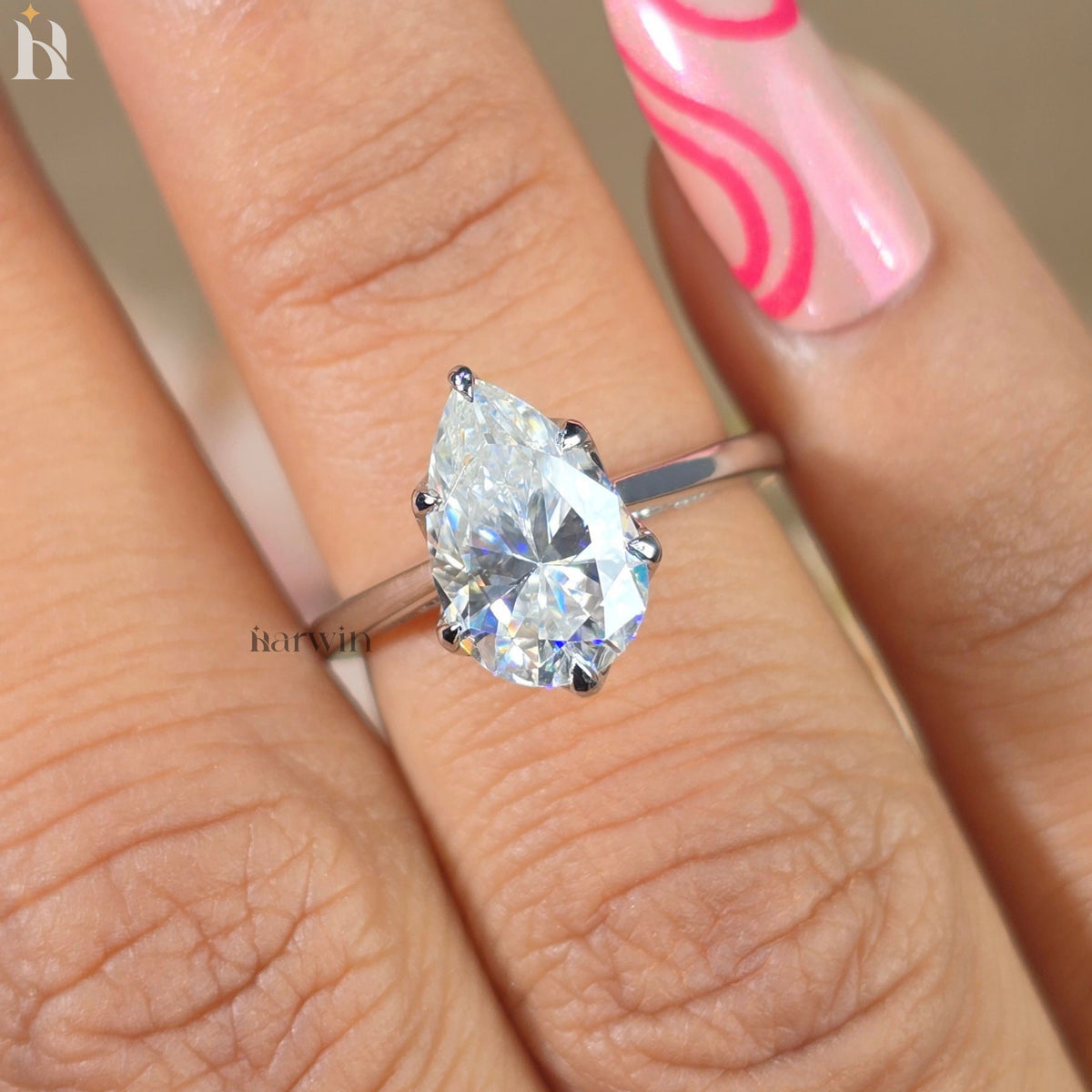 2CT Pear Cut Moissanite Platinum Engagement Ring, Six Prong Tulip Solitaire Platinum Band