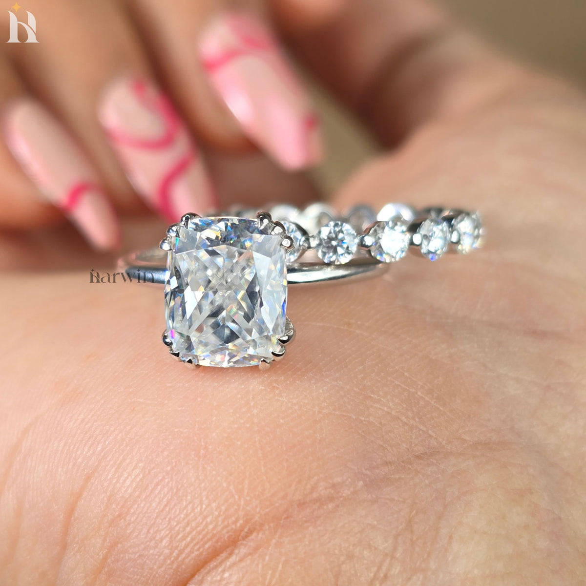 3 CT Cushion Cut Bridal Ring, Triple Claw Prong, Hidden Halo & Round Pave Set Band