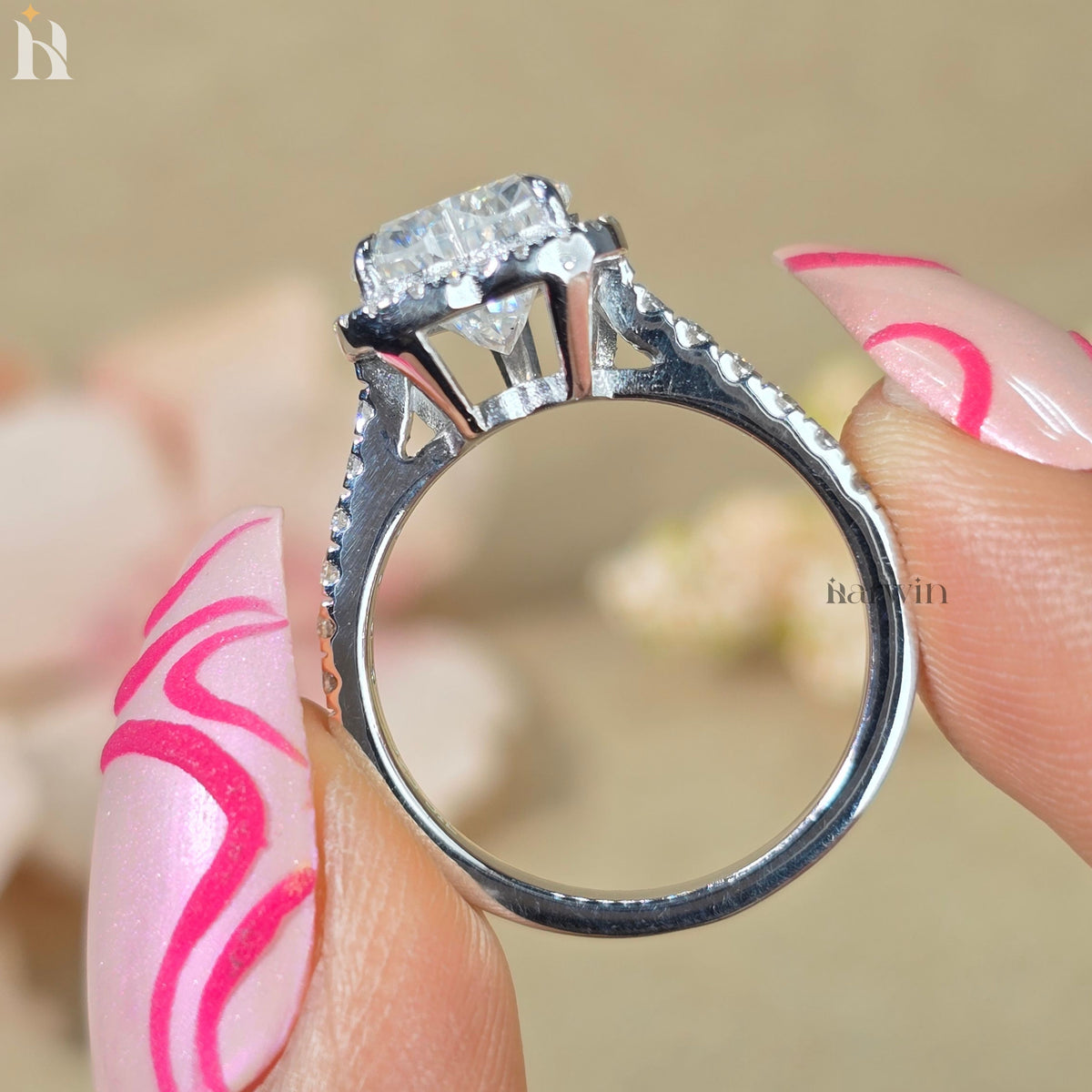 2CT Heart Cut Lab Grown Diamond Halo Engagement Ring, Pave Set Band  Proposal Ring