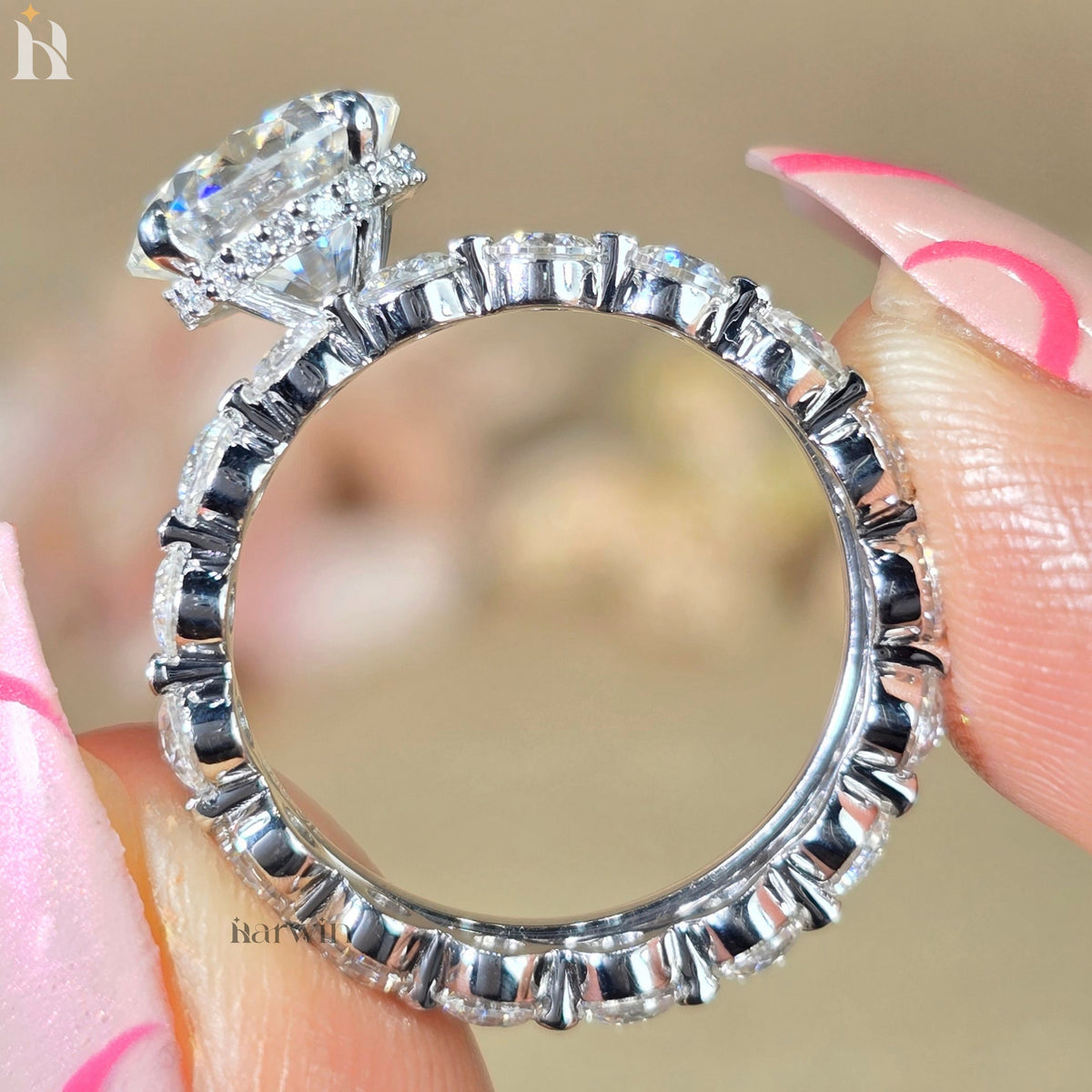 2.5 CT Round Cut Moissanite Hidden Halo Engagement Ring, Eternity Band Set Ring