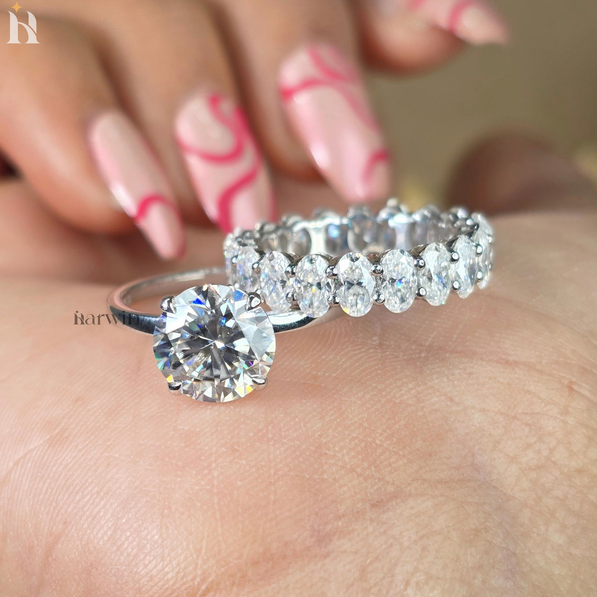 2.5 CT Round Cut Moissanite Hidden Halo Ring, Oval Diamond Eternity Band Set Ring