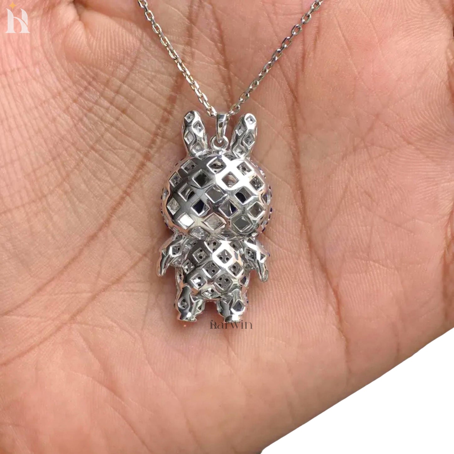 Iced Out Teddy Bear Pendant | Blue CZ Sterling Silver Necklace