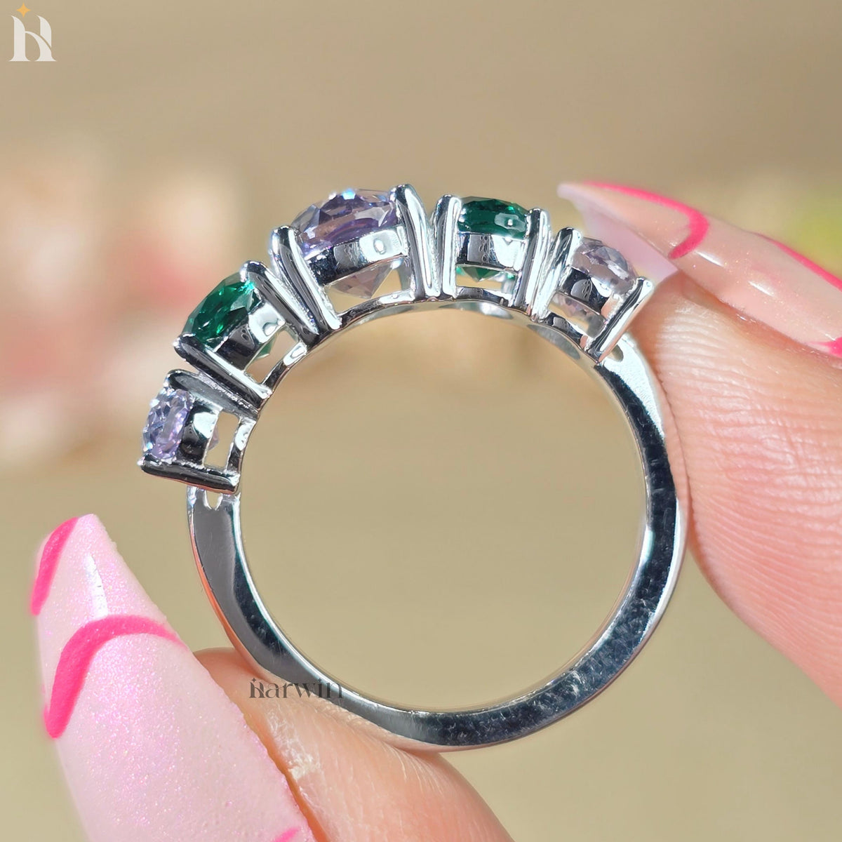 Color Changing Alexandrite & Emerald Five Stone Ring, Art Deco Wedding Band,935 Argentium Silver Anniversary Ring