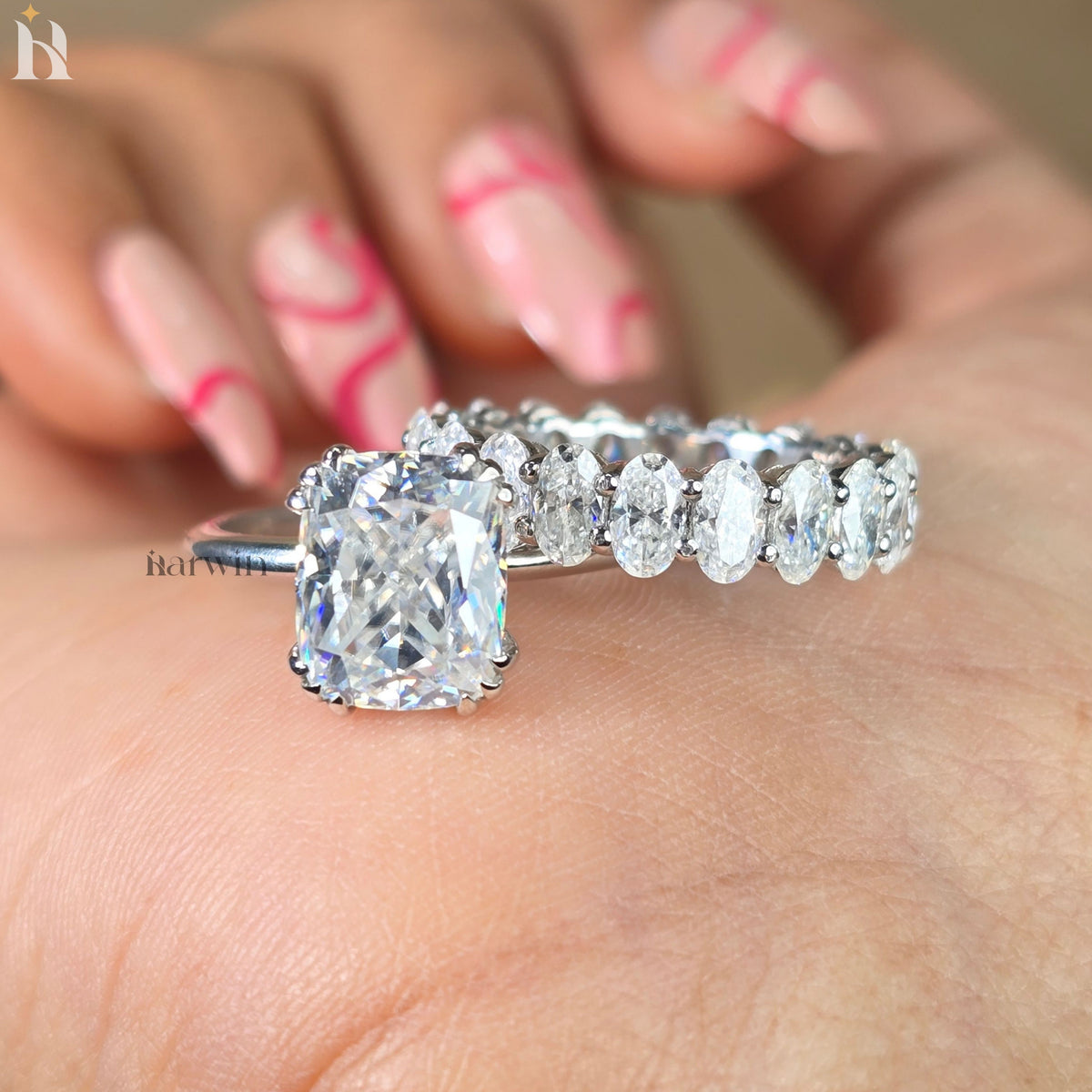 3CT Cushion Cut Bridal Ring, Triple Claw Prong, Hidden Halo & Oval Pave Set Band