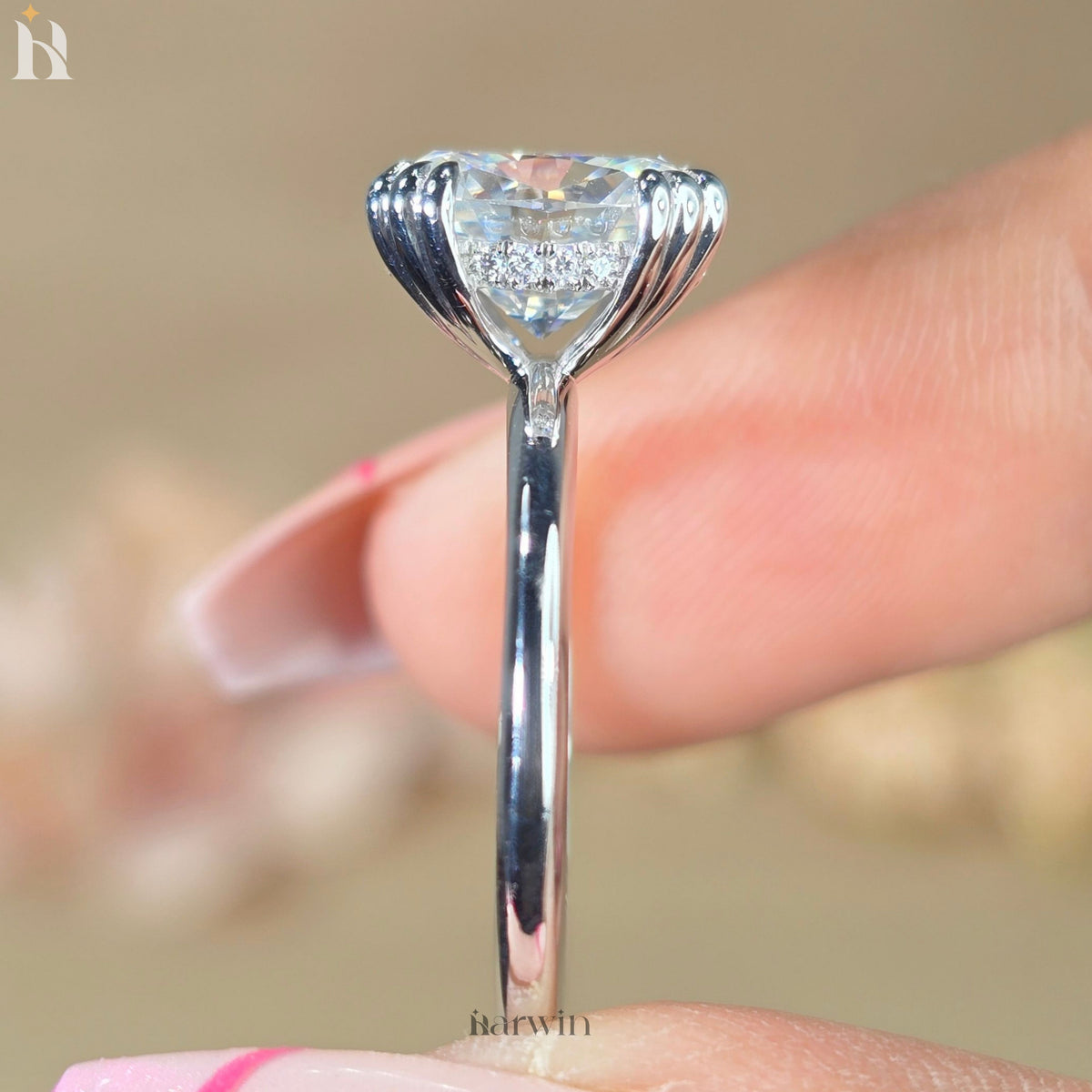 3 CT Cushion Cut Moissanite Engagement Ring, Triple Claw Prong & Hidden Halo Elongated Ring