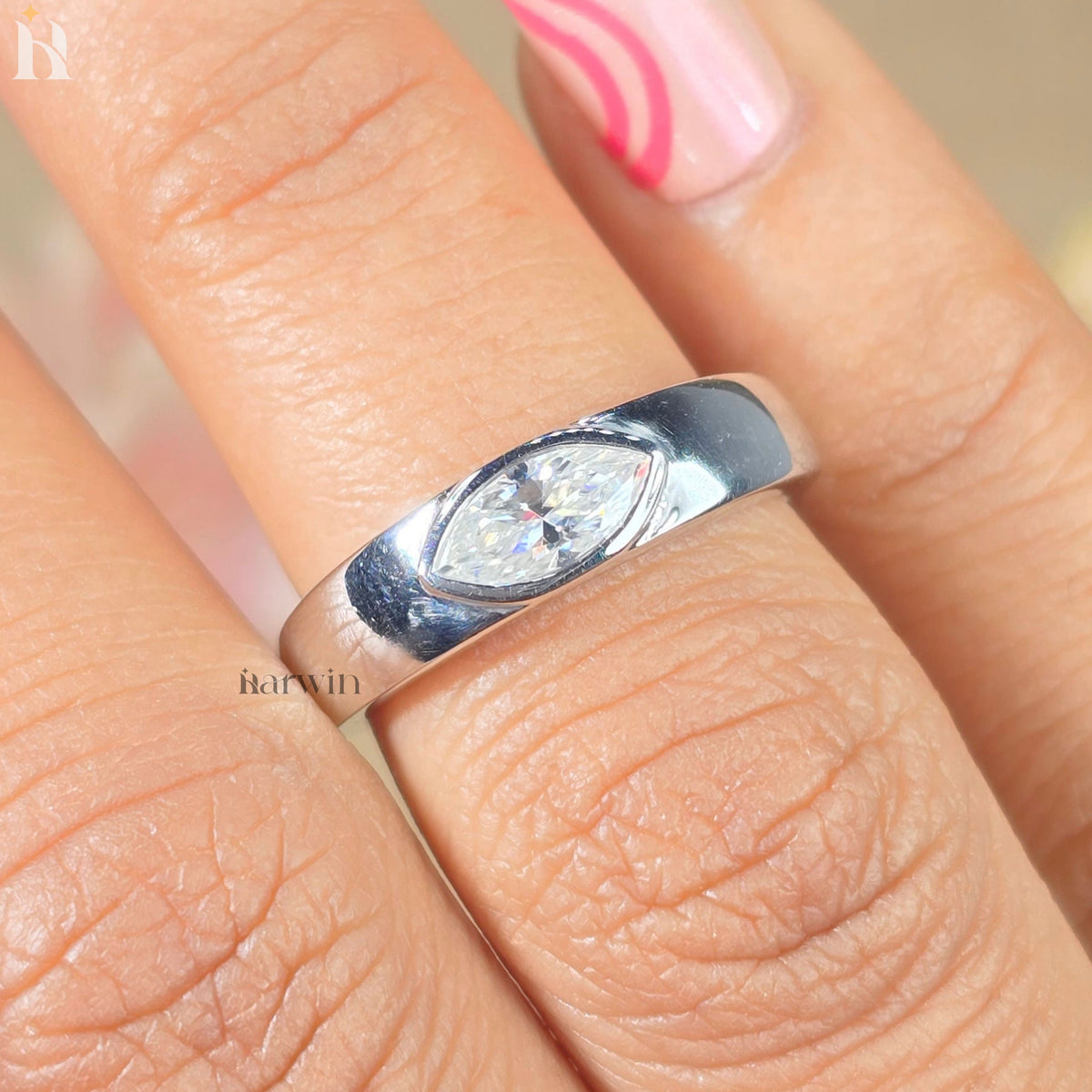 0.50 CT Horizontal Marquise Cut Bezel Set Silver Ring, Minimalist East West Statement Band