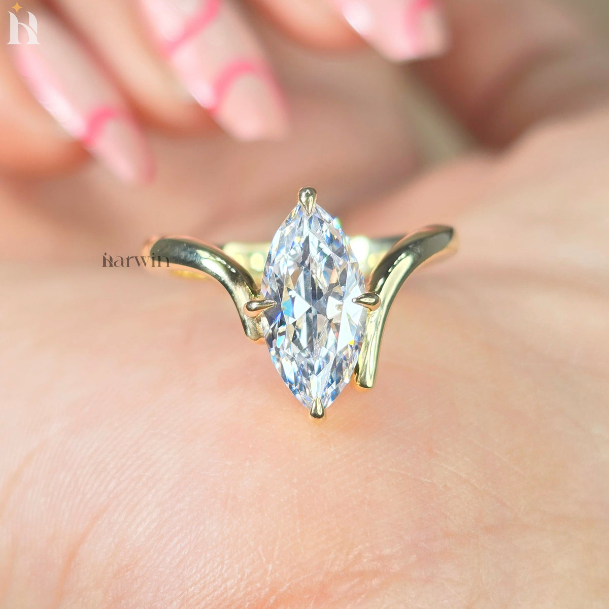 2 CT Marquise Cut Moissanite Promise Ring, V-shape Band, Chevron Style Gold Ring