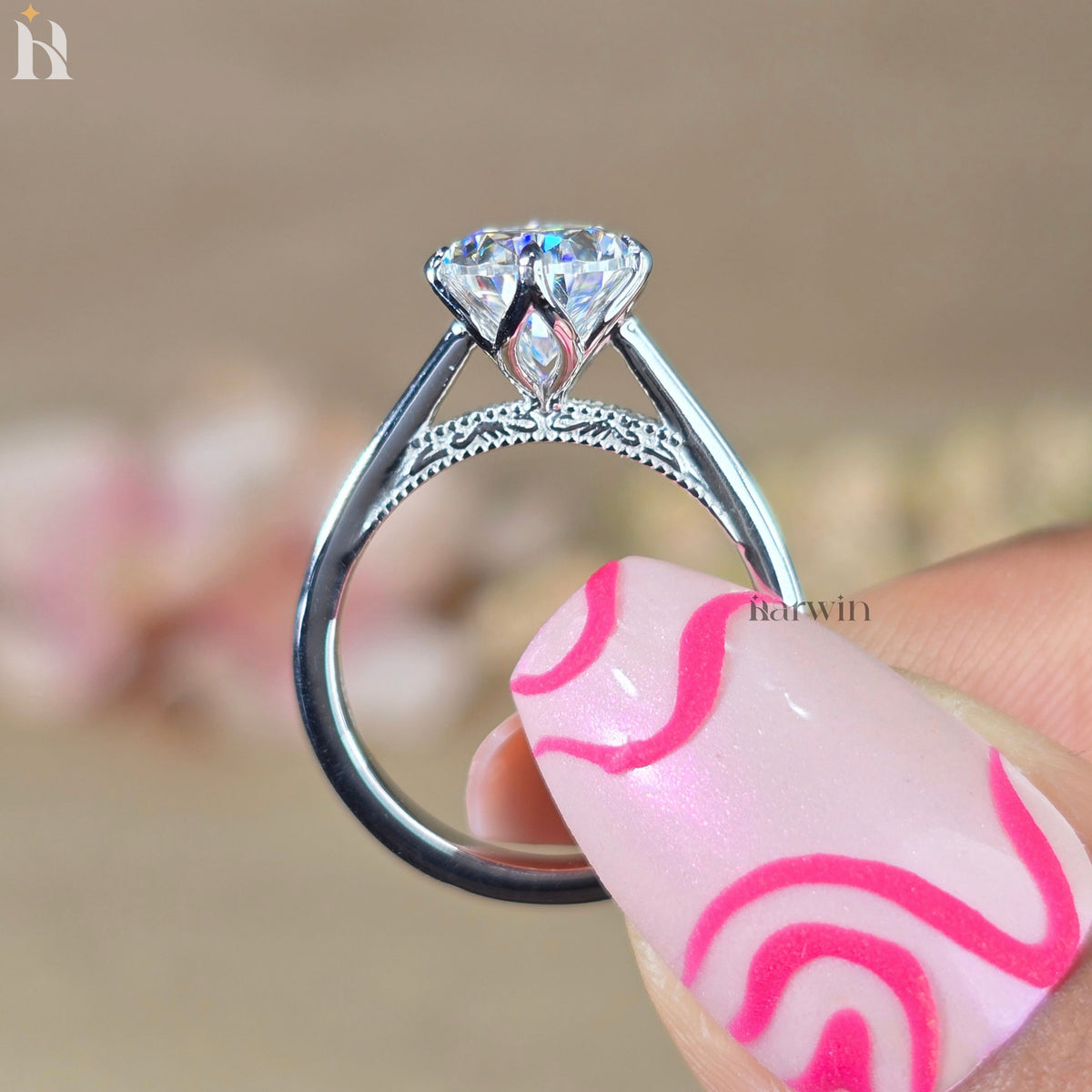 3CT Pear Moissanite Ring, 14k Gold Tulip Setting Solitaire Ring