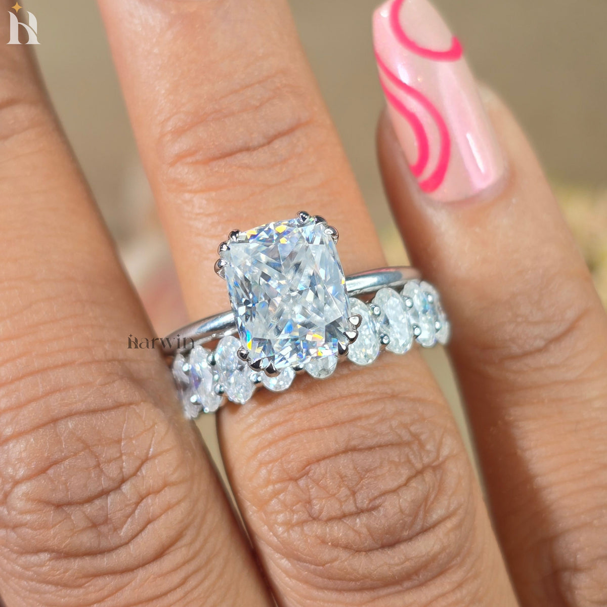 3CT Cushion Cut Bridal Ring, Triple Claw Prong, Hidden Halo & Oval Pave Set Band