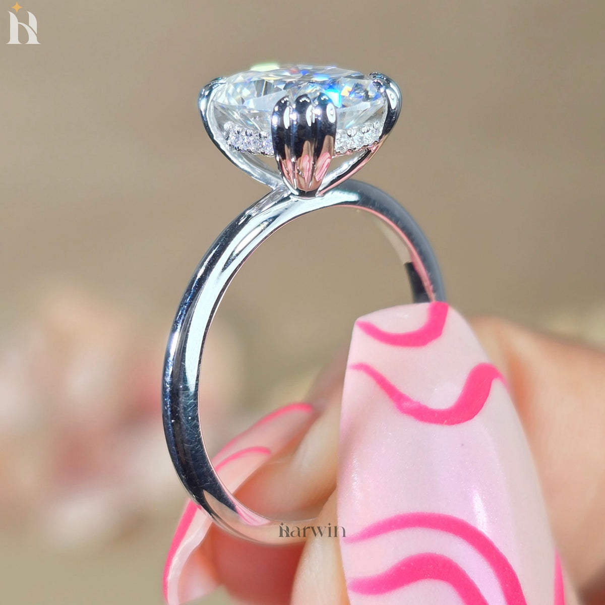 3 CT Cushion Cut Moissanite Engagement Ring, Triple Claw Prong & Hidden Halo Elongated Ring