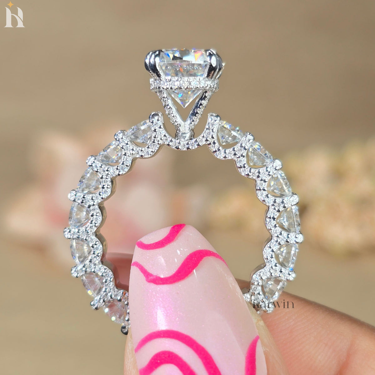 5 CT Cushion Cut Moissanite Ring, Hidden Halo And Double Claw Prong Set Ring