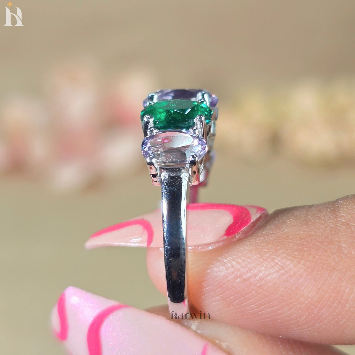 Color Changing Alexandrite & Emerald Five Stone Ring, Art Deco Wedding Band,935 Argentium Silver Anniversary Ring