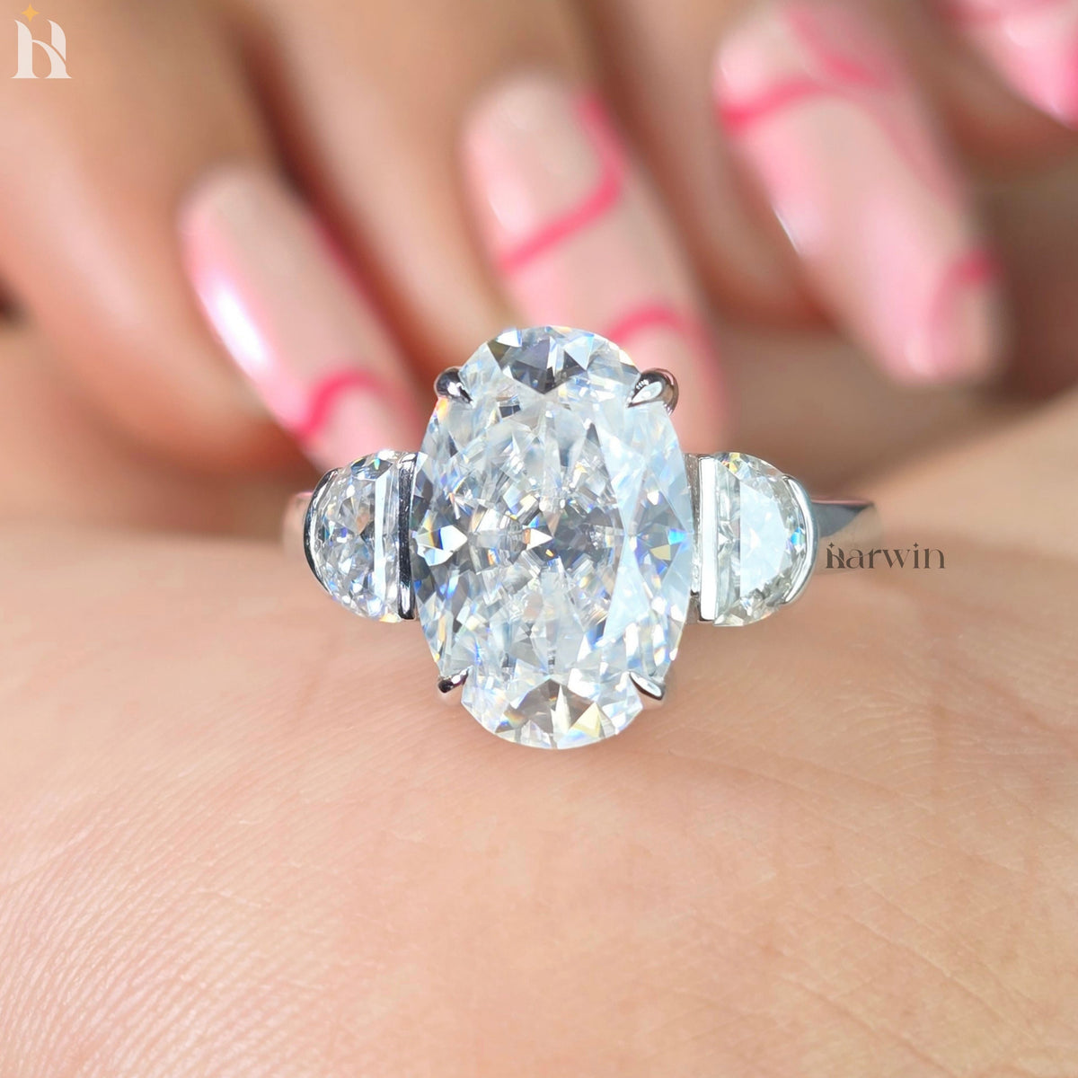 3.5CT Oval Cut Moissanite Ring, Half Moon Shape Side Diamond, Three Stone Gold Ring