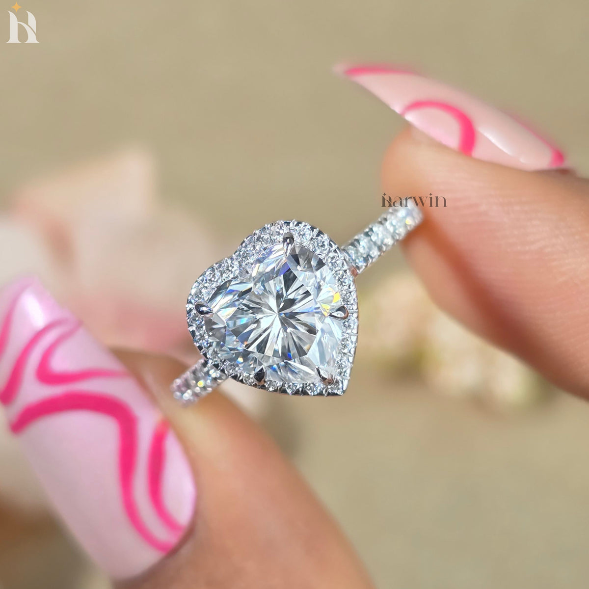 2CT Heart Cut Lab Grown Diamond Halo Engagement Ring, Pave Set Band  Proposal Ring