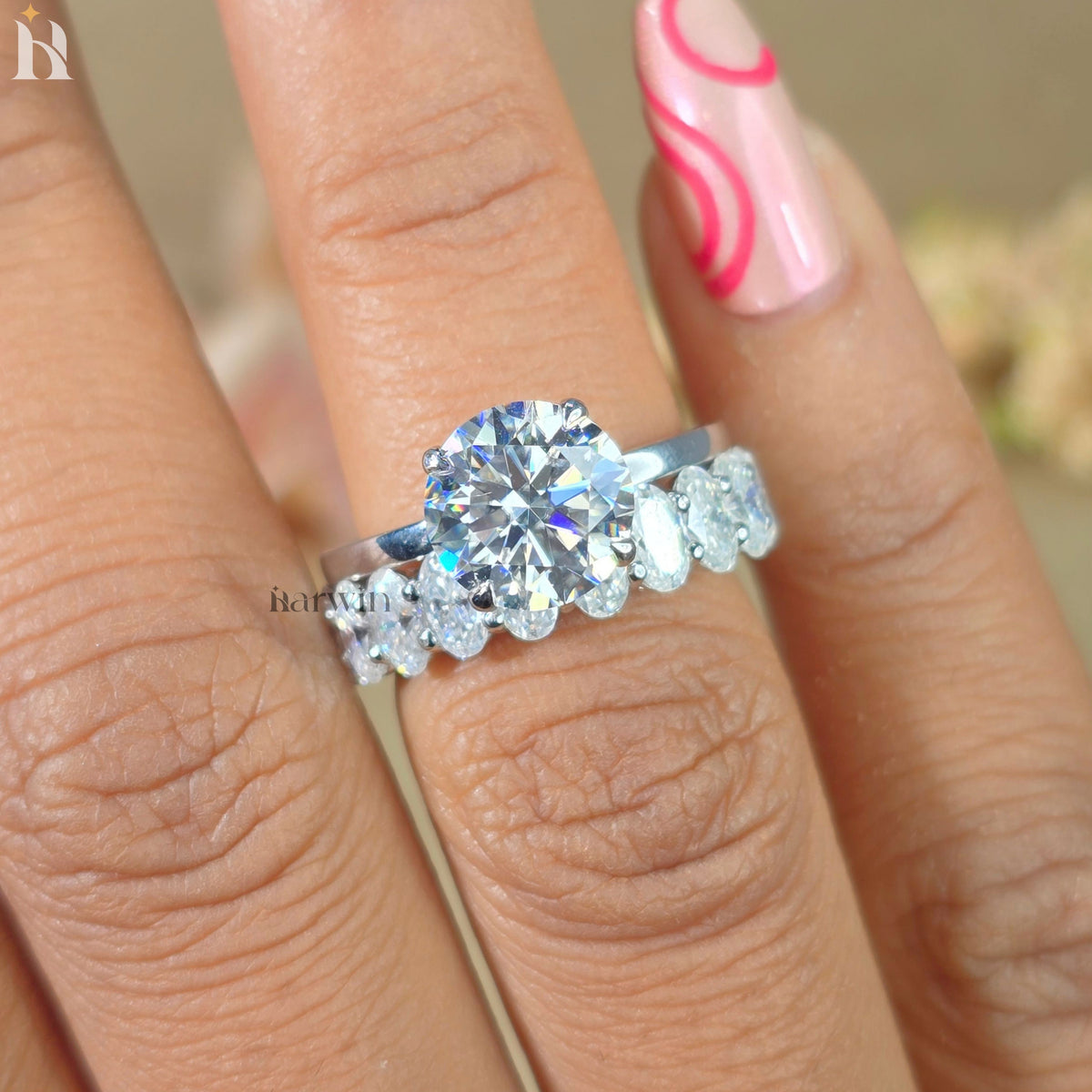 2.5 CT Round Cut Moissanite Hidden Halo Ring, Oval Diamond Eternity Band Set Ring