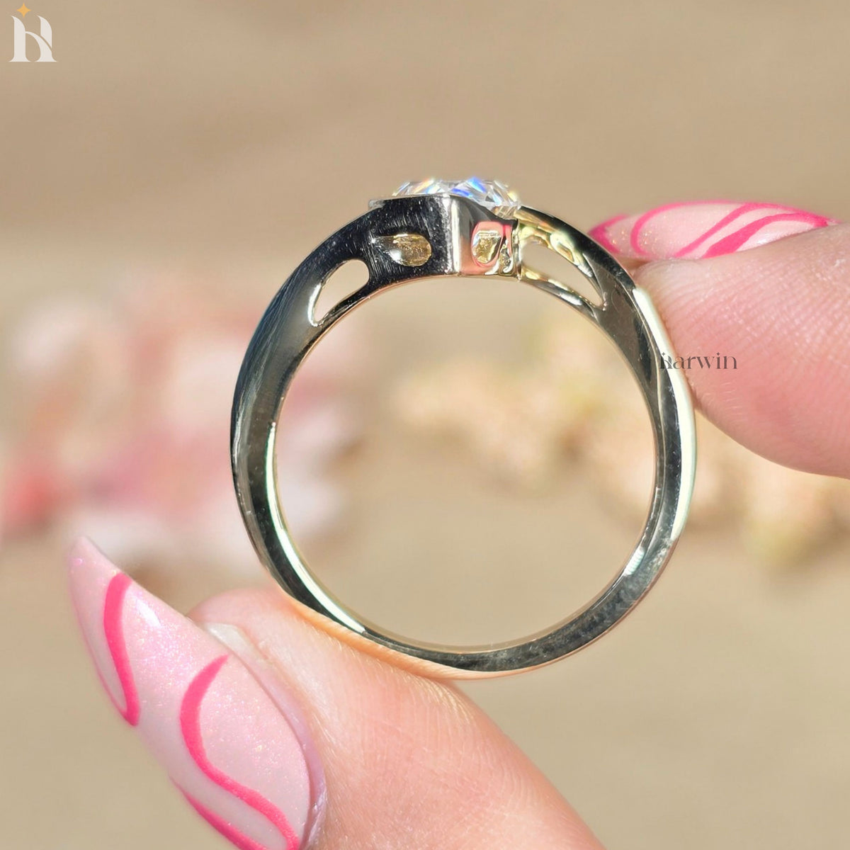 Pear Cut Moissanite Engagement Ring, Bezel Set Bypass Shank, Gold Solitaire Ring for Anniversary or Gift