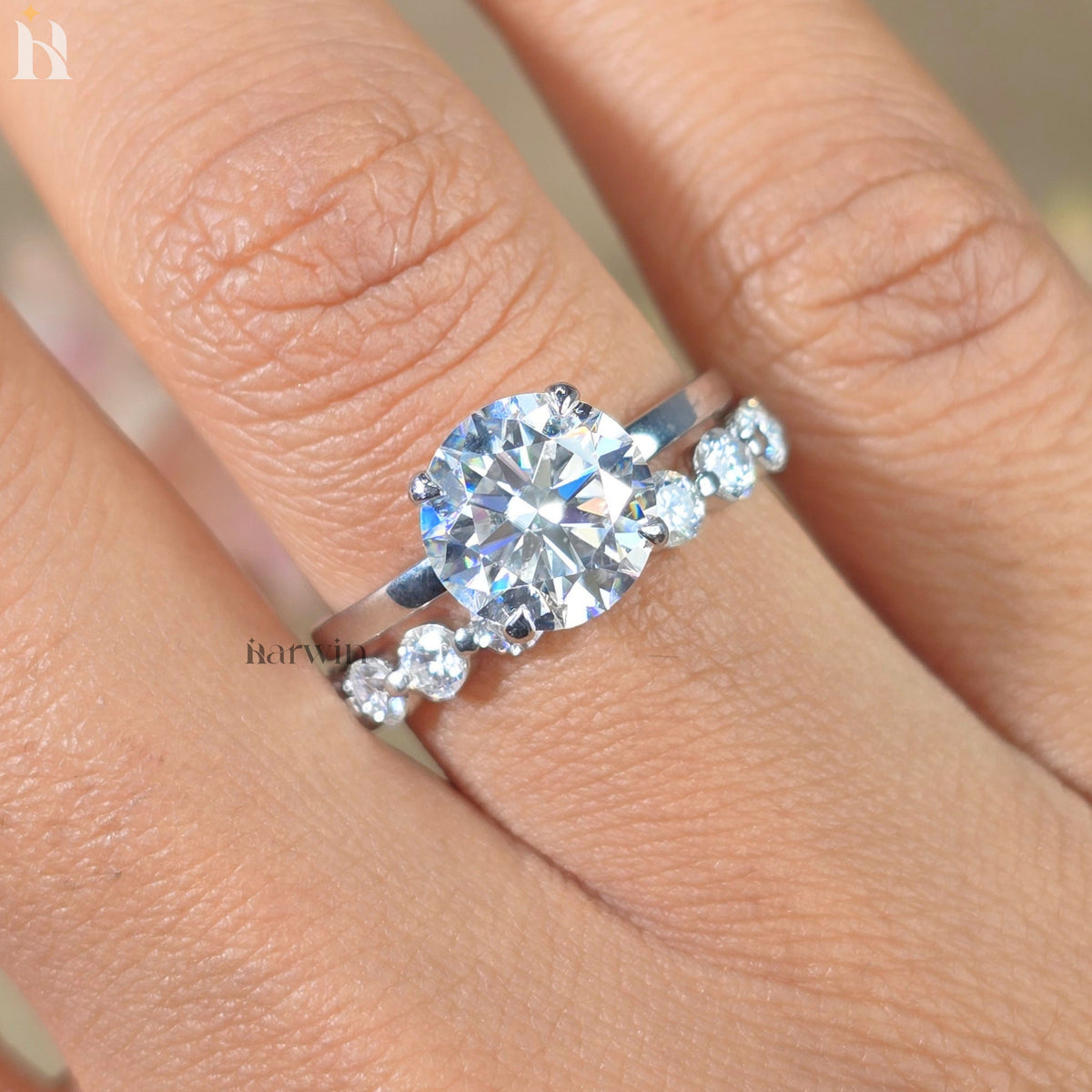 2.5 CT Round Cut Moissanite Hidden Halo Engagement Ring, Eternity Band Set Ring