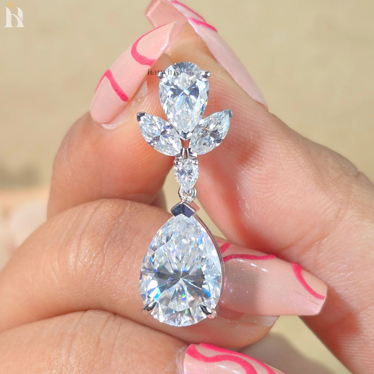 Pear Cut Moissanite Dangle Earrings With Marquise Diamond Wedding Earrings