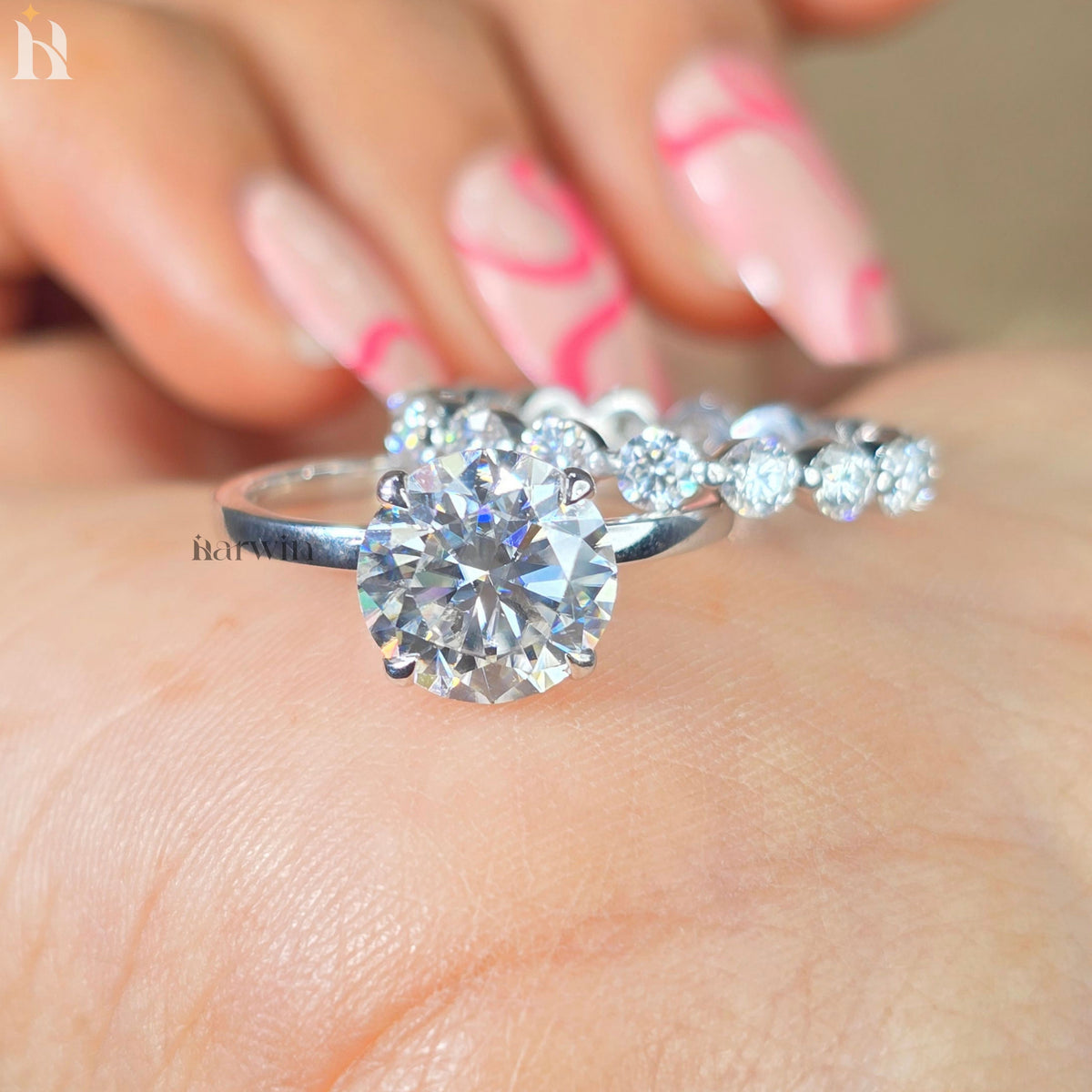 2.5 CT Round Cut Moissanite Hidden Halo Engagement Ring, Eternity Band Set Ring