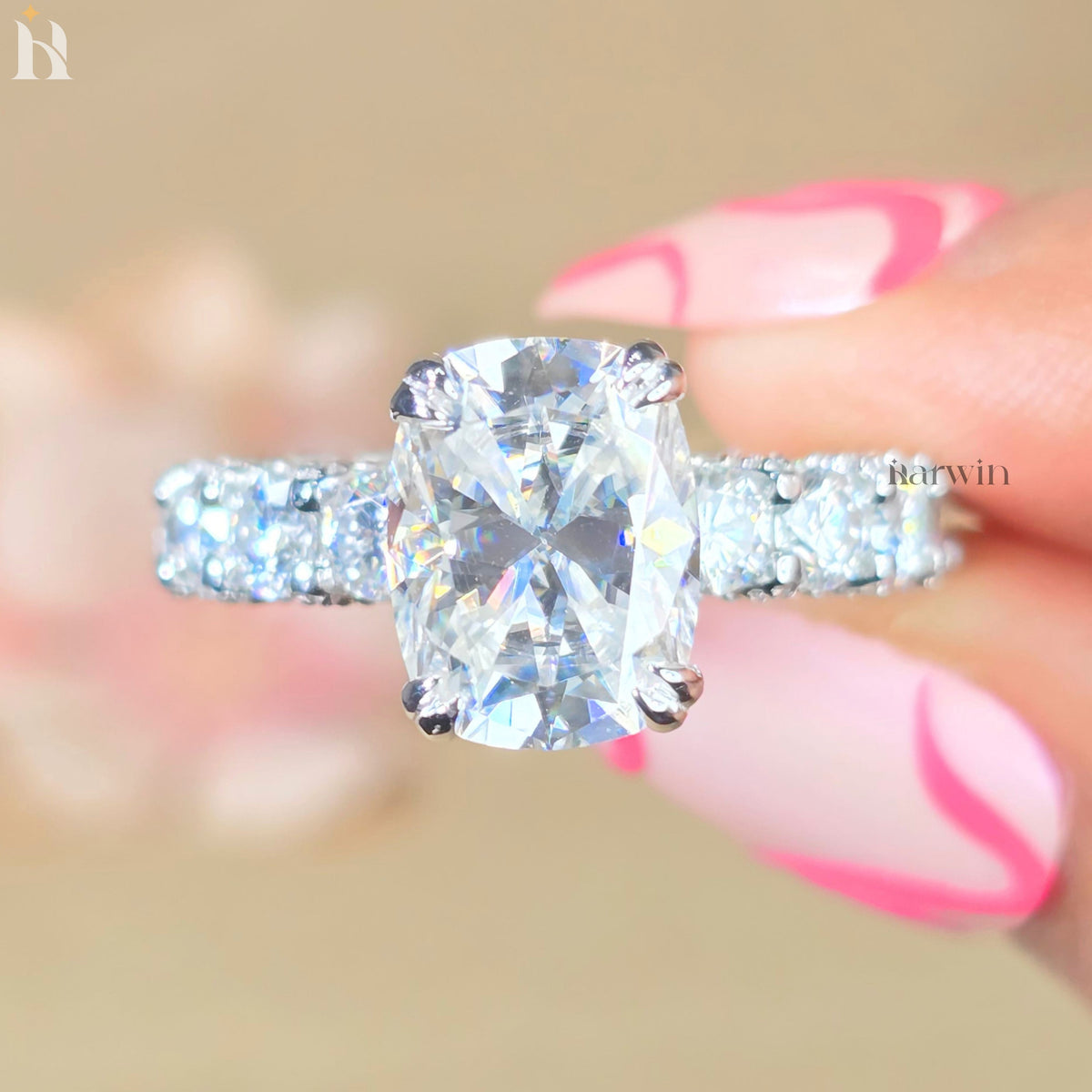 5 CT Cushion Cut Moissanite Ring, Hidden Halo And Double Claw Prong Set Ring