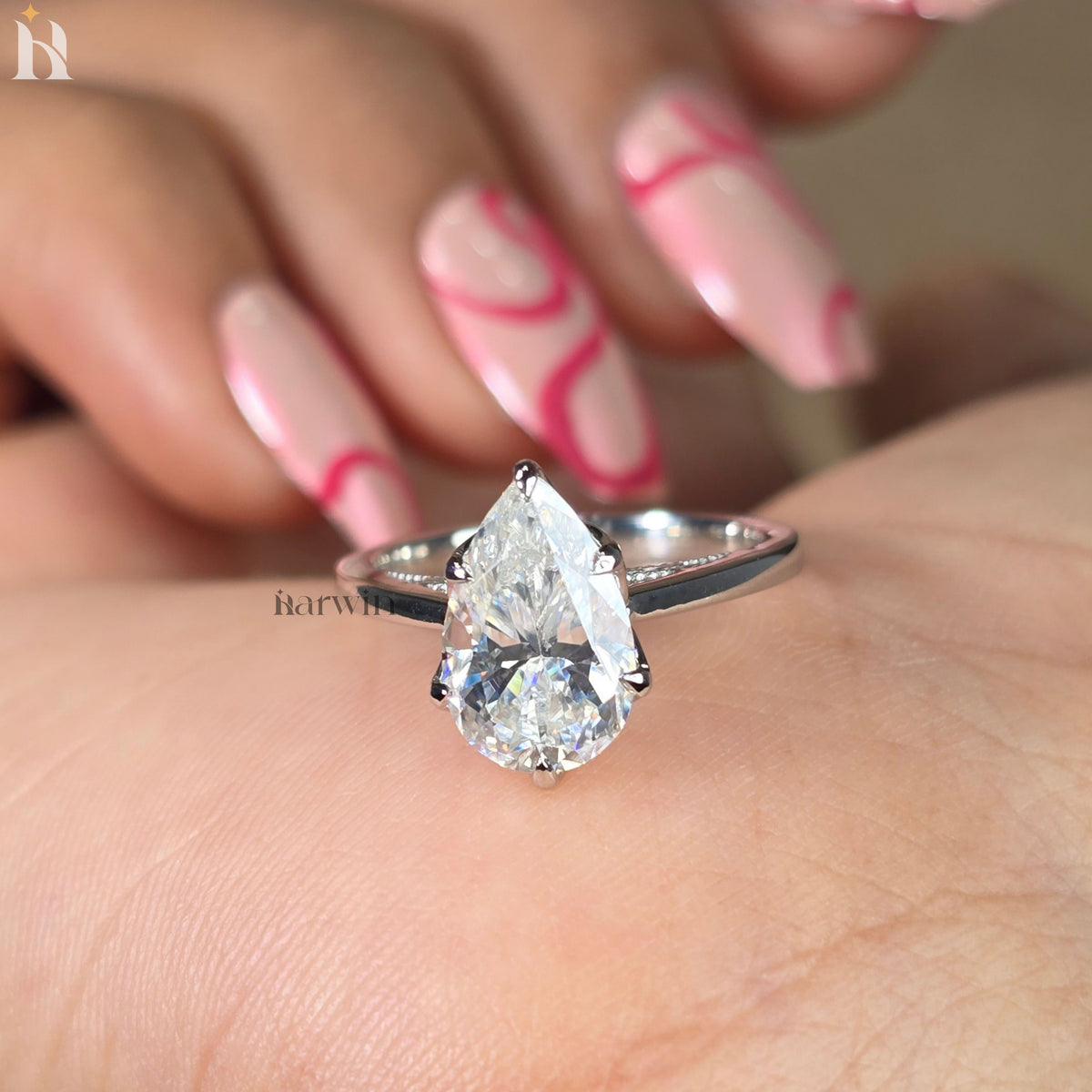 2CT Pear Cut Moissanite Platinum Engagement Ring, Six Prong Tulip Solitaire Platinum Band