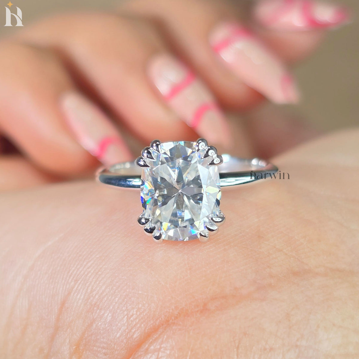 3 CT Cushion Cut Moissanite Engagement Ring, Triple Claw Prong & Hidden Halo Elongated Ring