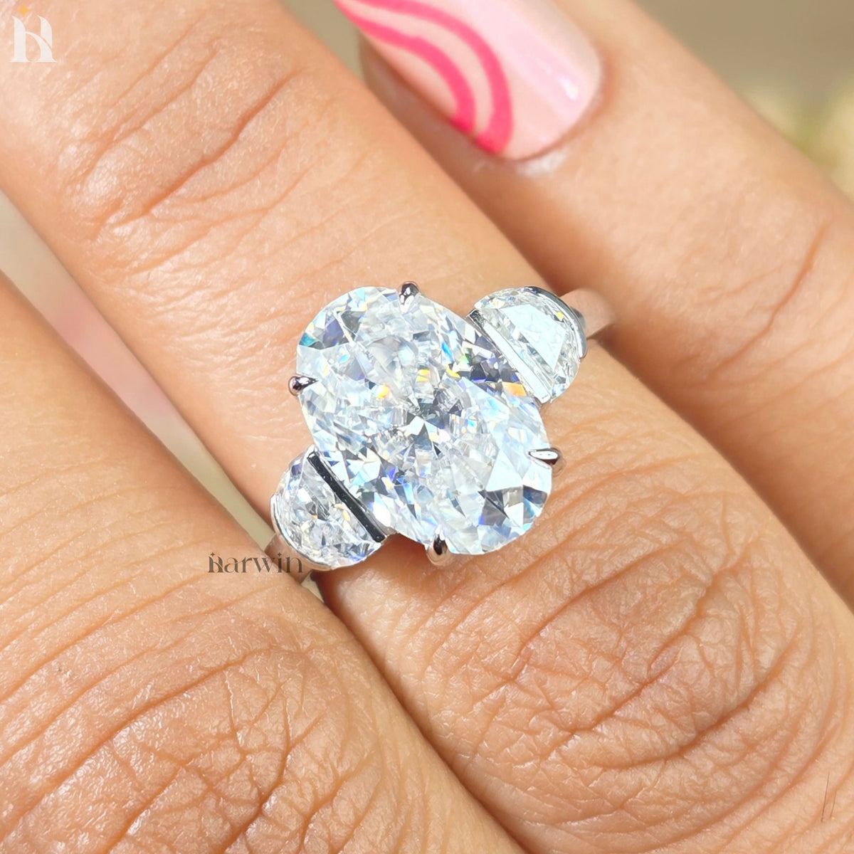 3.5CT Oval Cut Moissanite Ring, Half Moon Shape Side Diamond, Three Stone Gold Ring