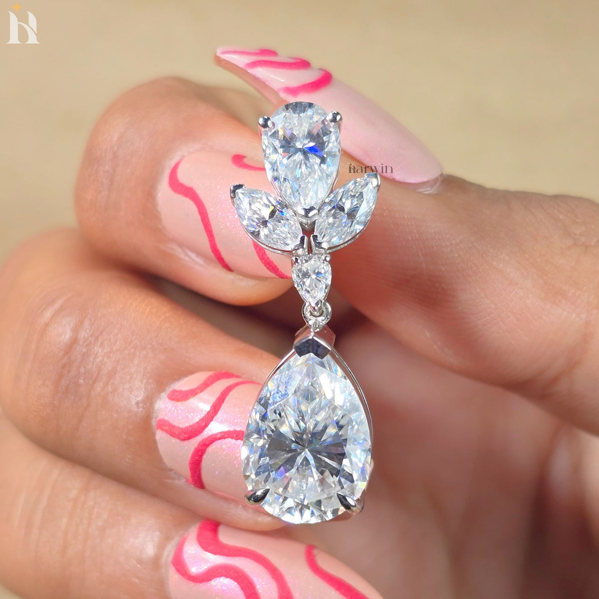 Pear Cut Moissanite Dangle Earrings With Marquise Diamond Wedding Earrings