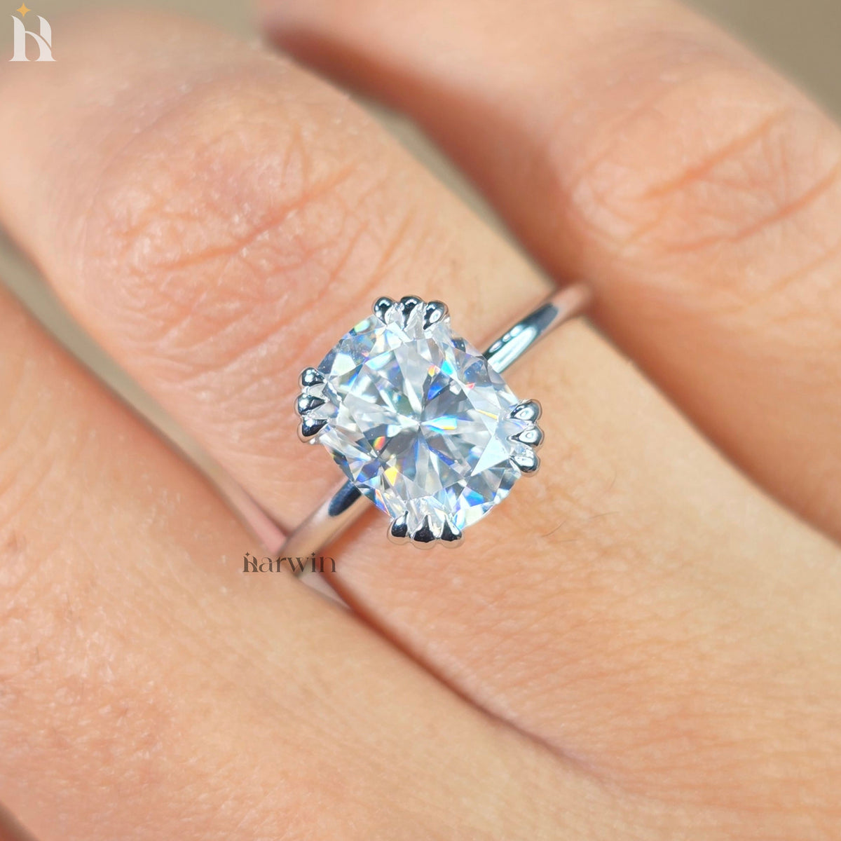 3 CT Cushion Cut Moissanite Engagement Ring, Triple Claw Prong & Hidden Halo Elongated Ring