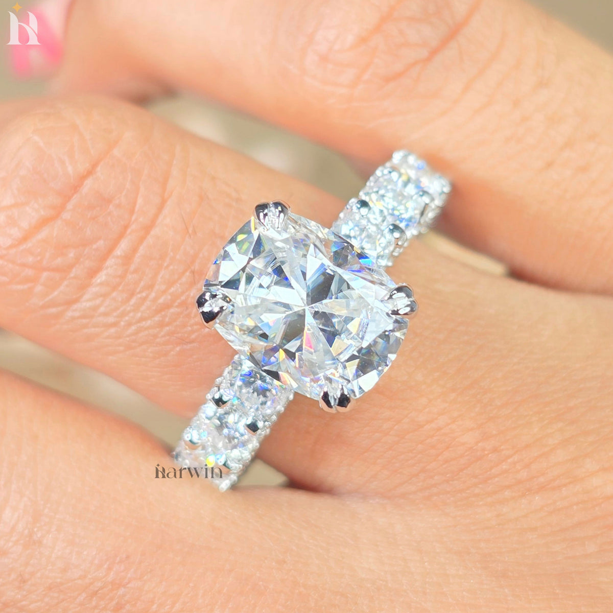 5 CT Cushion Cut Moissanite Ring, Hidden Halo And Double Claw Prong Set Ring