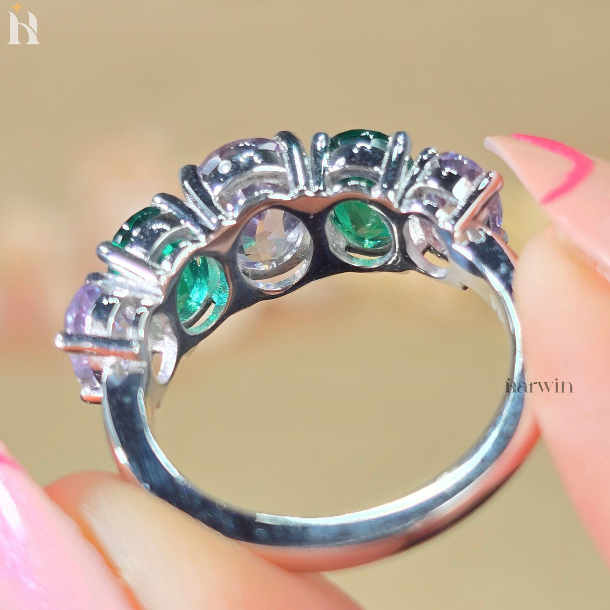 Color Changing Alexandrite & Emerald Five Stone Ring, Art Deco Wedding Band,935 Argentium Silver Anniversary Ring