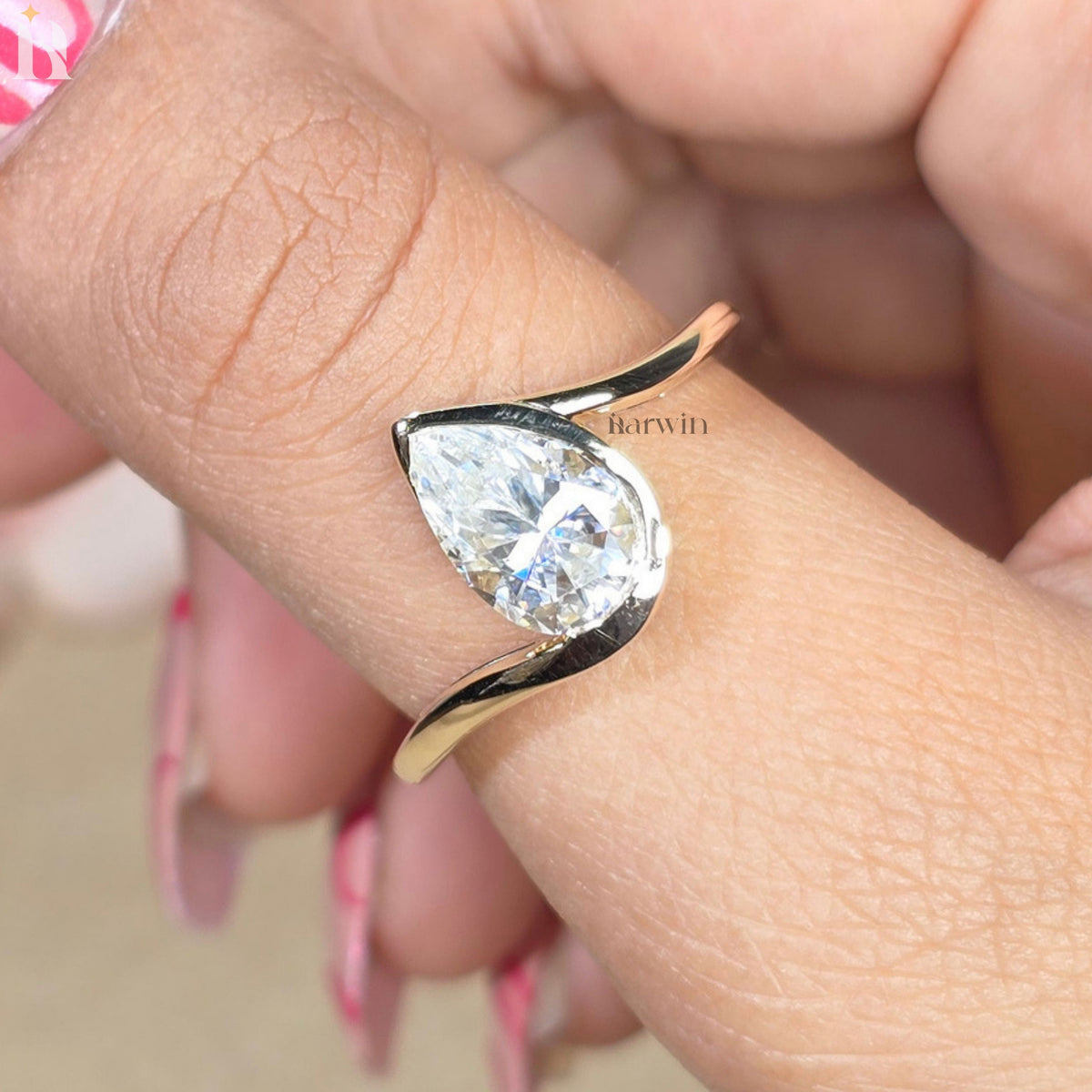 Pear Cut Moissanite Engagement Ring, Bezel Set Bypass Shank, Gold Solitaire Ring for Anniversary or Gift