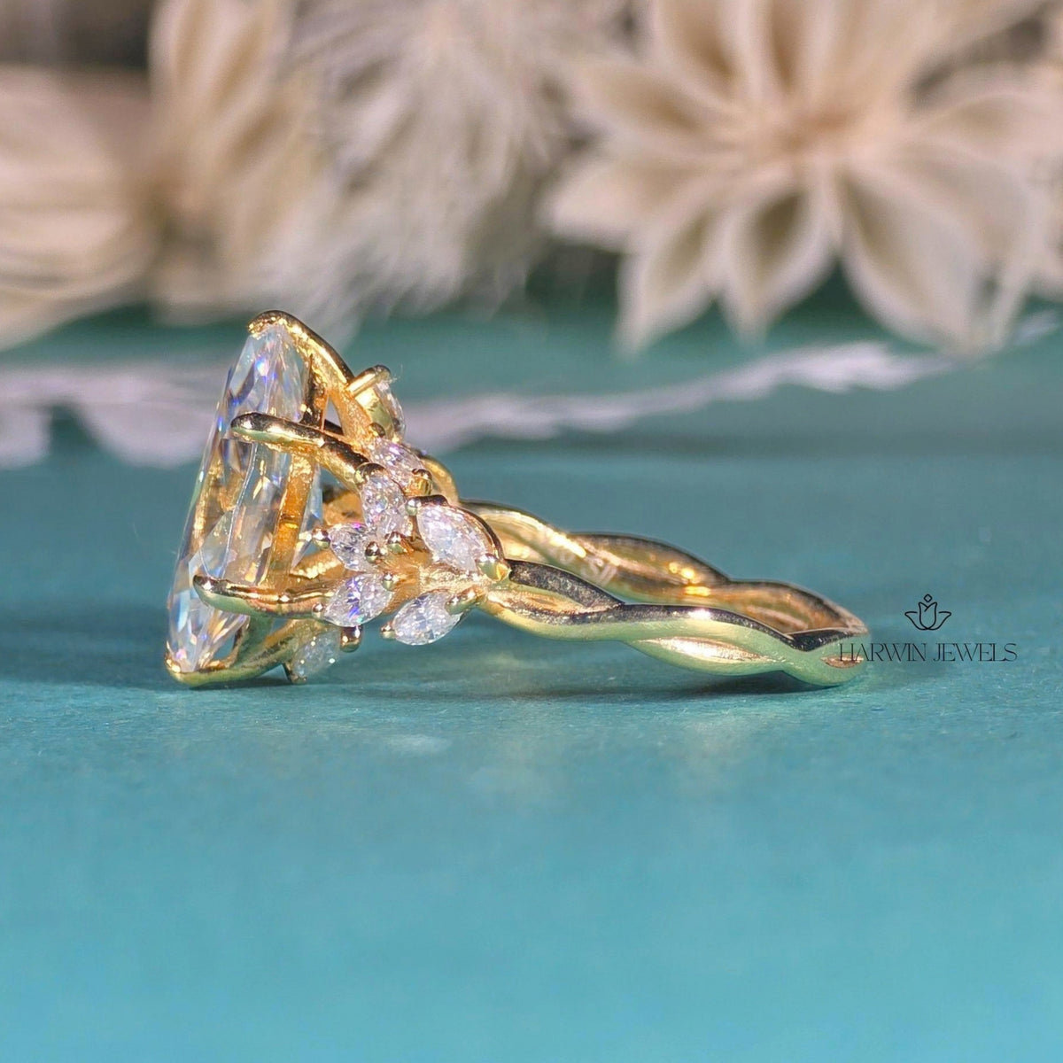 3 CT Marquise Cut Moissanite Engagement Ring Side Stone Solid Gold Ring
