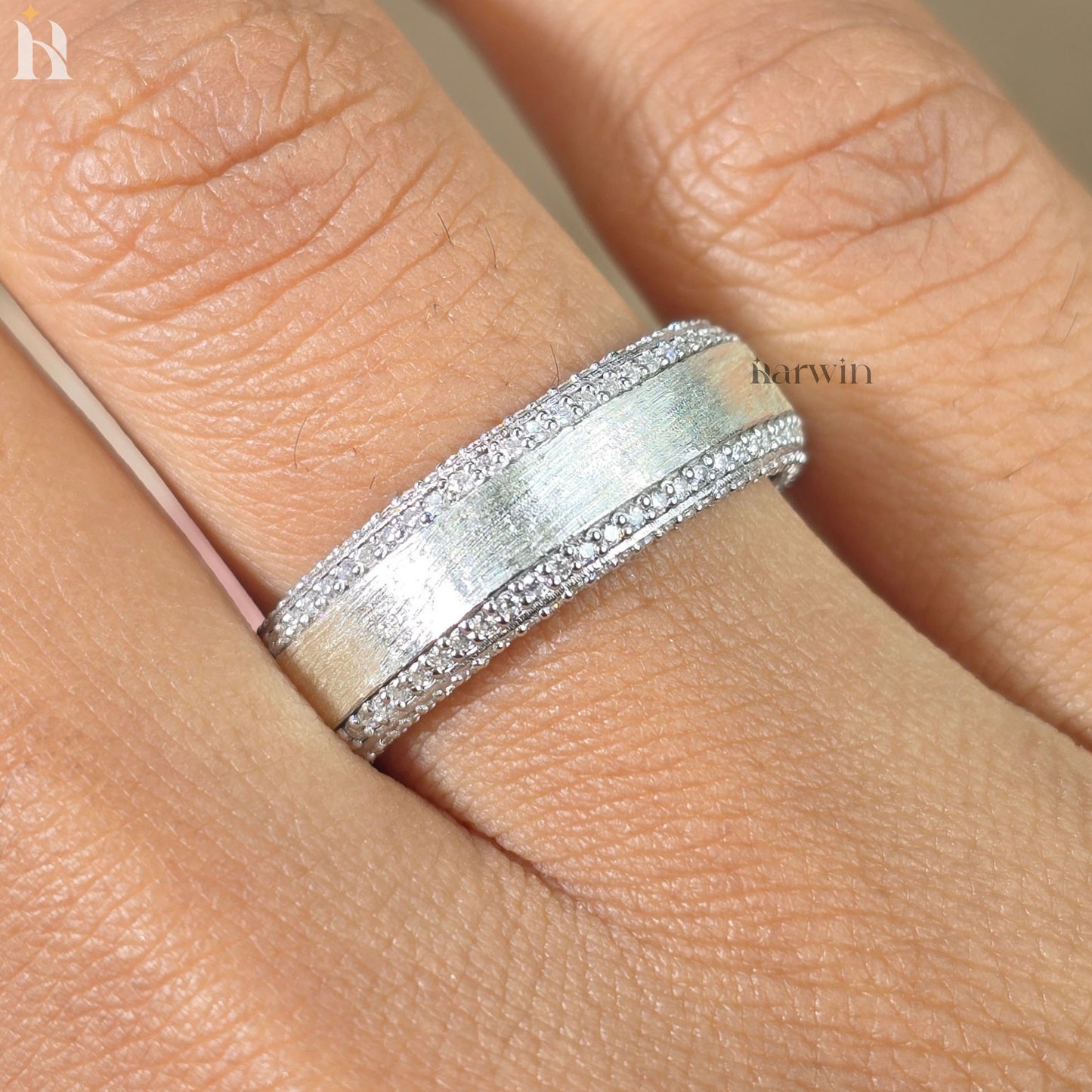 Men's 14k White Gold and Round Diamond Beveled Edge Wedding Band