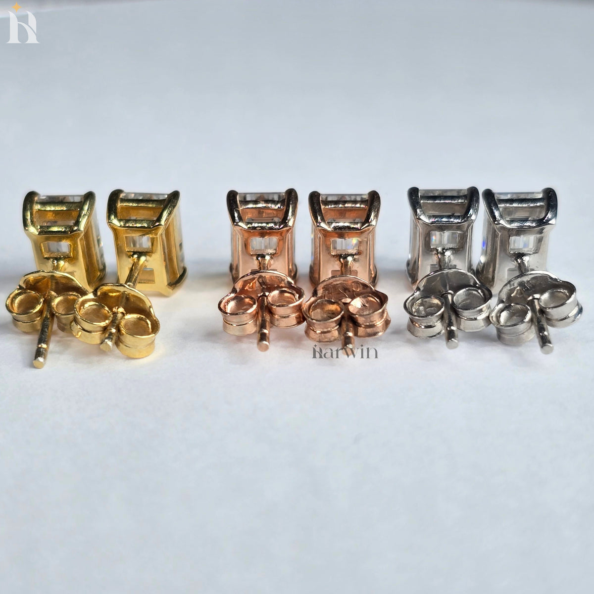 Emerald Cut Moissanite Diamond Prong Setting Stud Earrings, Push Back Solitaire Earrings