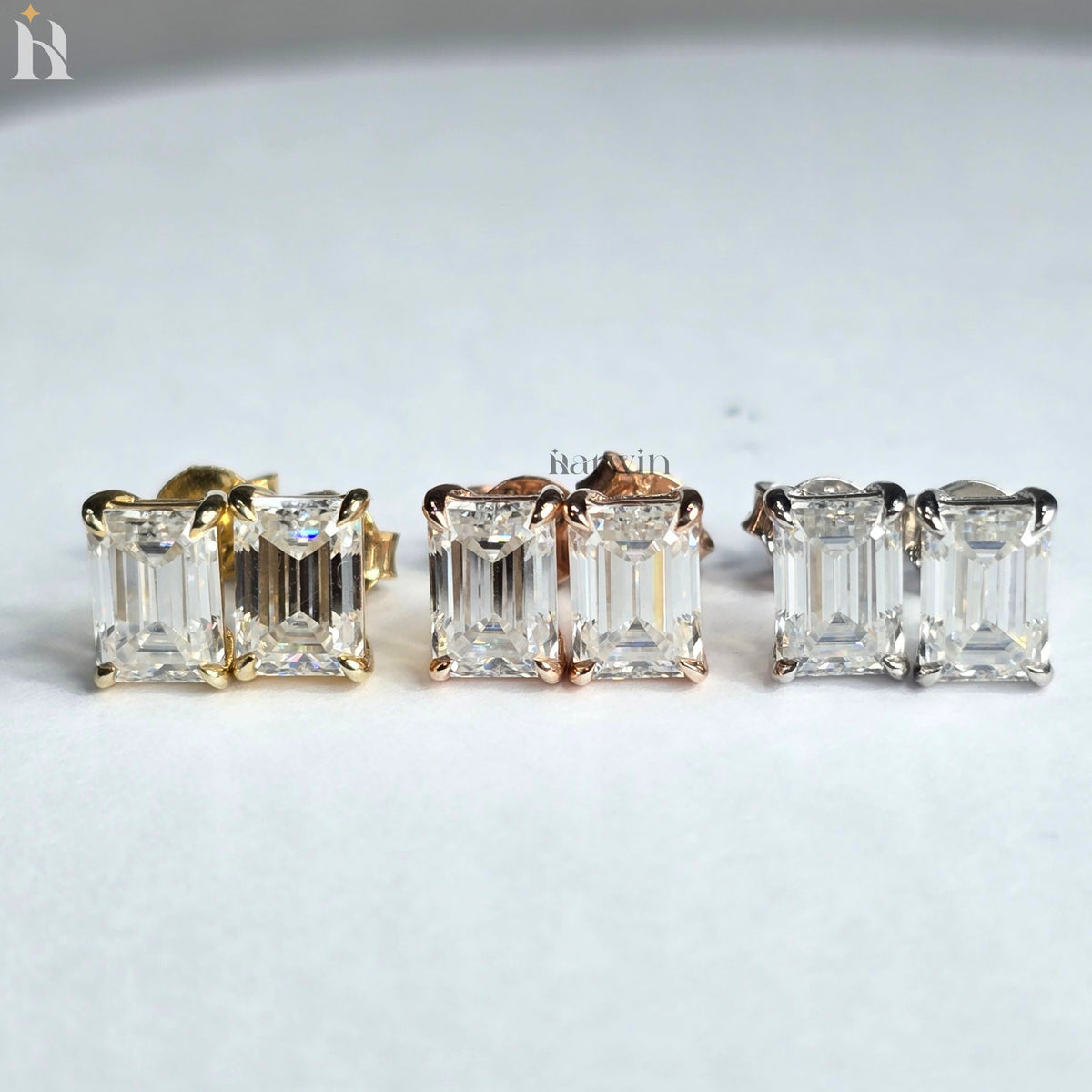 Emerald Cut Moissanite Diamond Prong Setting Stud Earrings, Push Back Solitaire Earrings