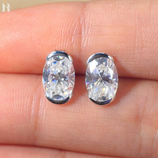 2.5 CT Oval Cut Moissanite Diamond Half Bezel Stud Earrings, Open Bezel Studs