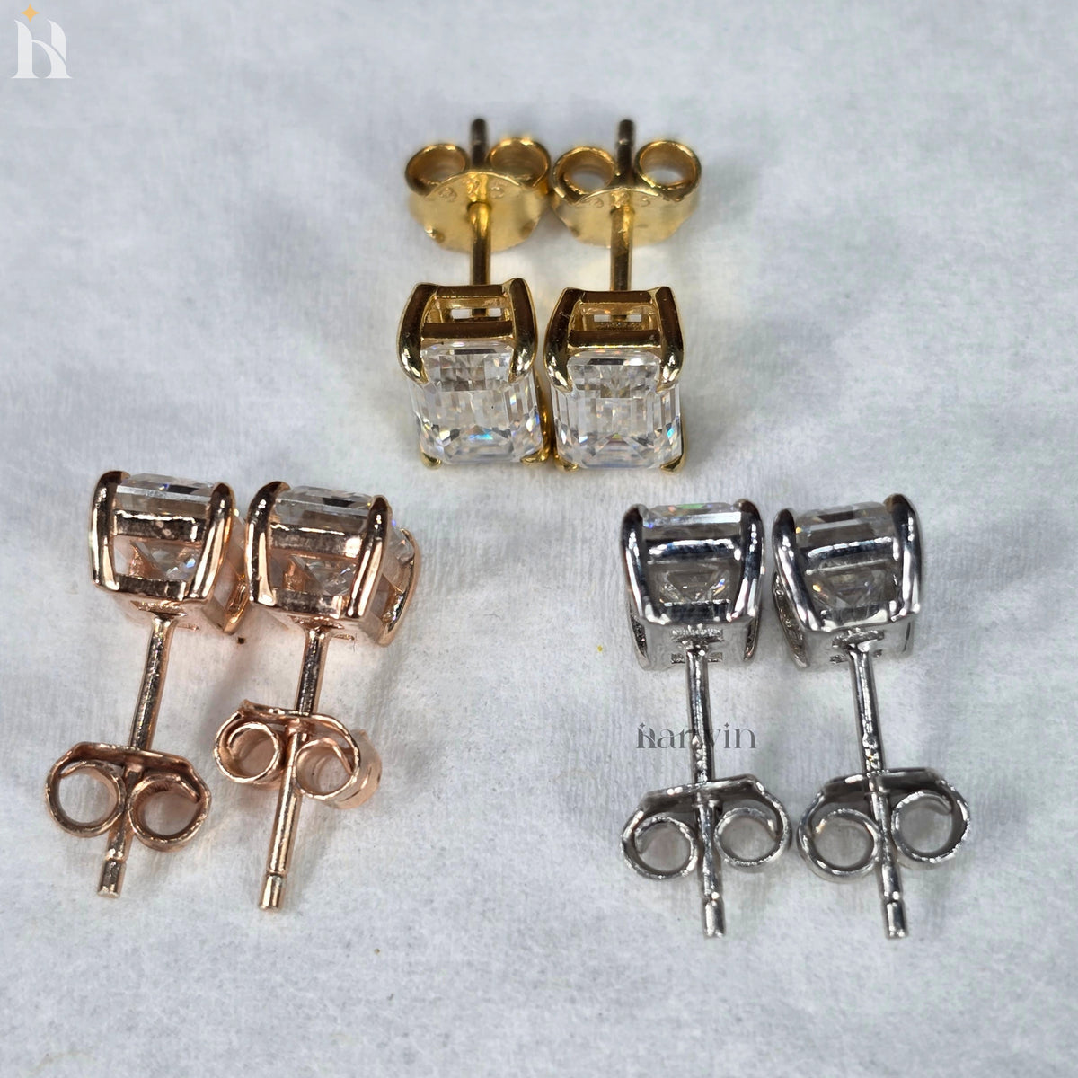 Emerald Cut Moissanite Diamond Prong Setting Stud Earrings, Push Back Solitaire Earrings