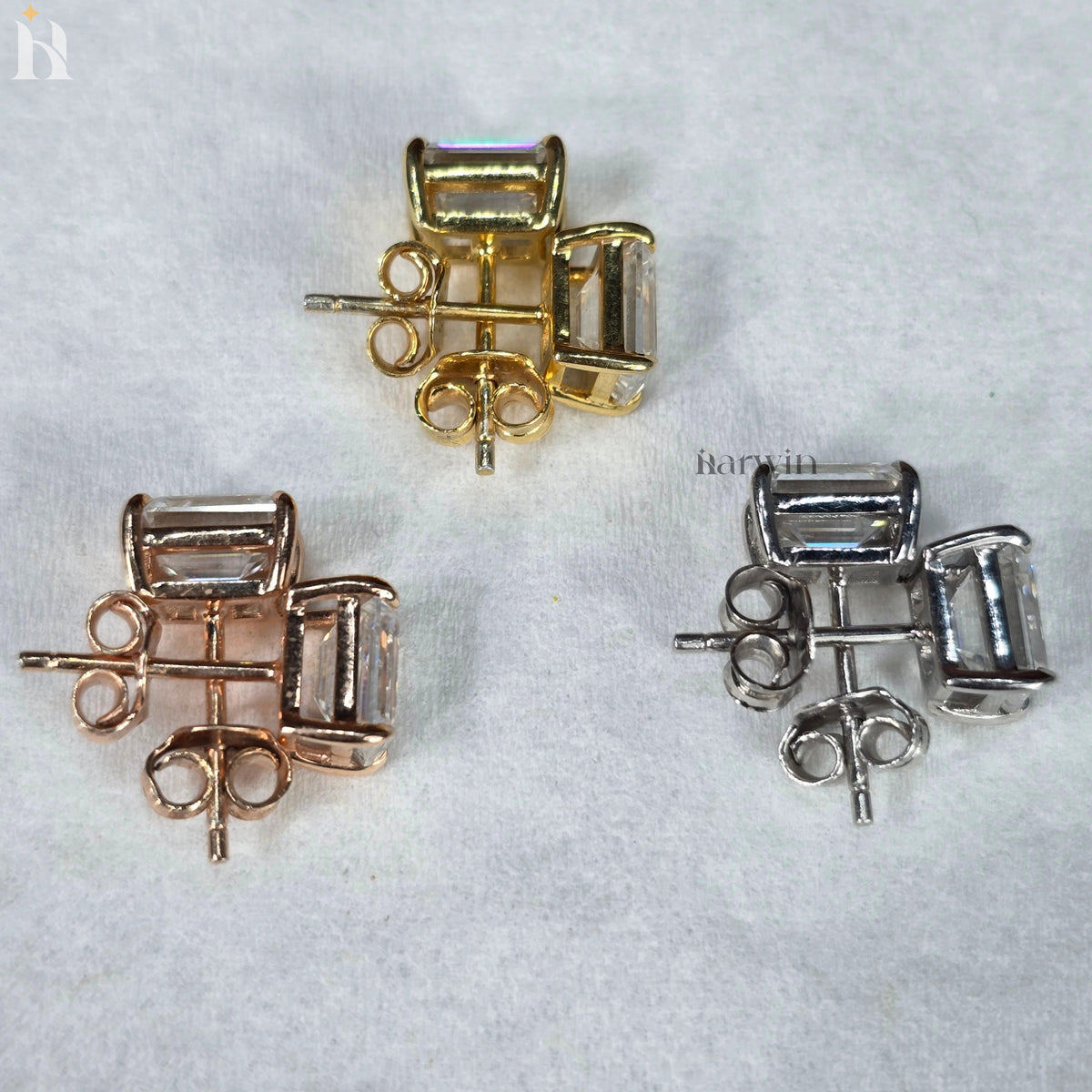 Emerald Cut Moissanite Diamond Prong Setting Stud Earrings, Push Back Solitaire Earrings