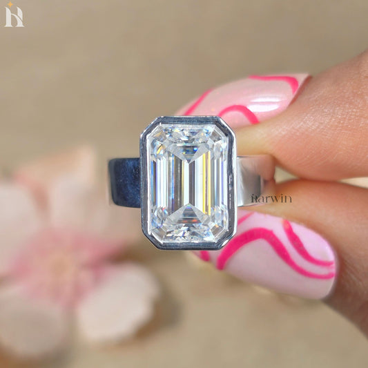 Emerald Cut Moissanite Engagement Ring Bezel Set Solitaire 6mm Wide Band Solid Gold Statement Ring