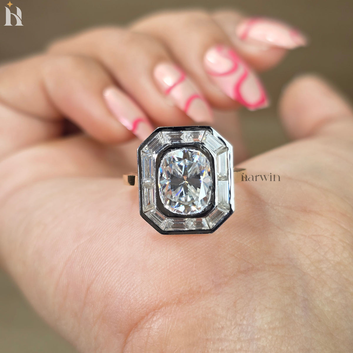 2.50CT Elongated Cushion Lab Grown Diamond Engagement Ring, Baguette Bezel Set 14K  White Gold