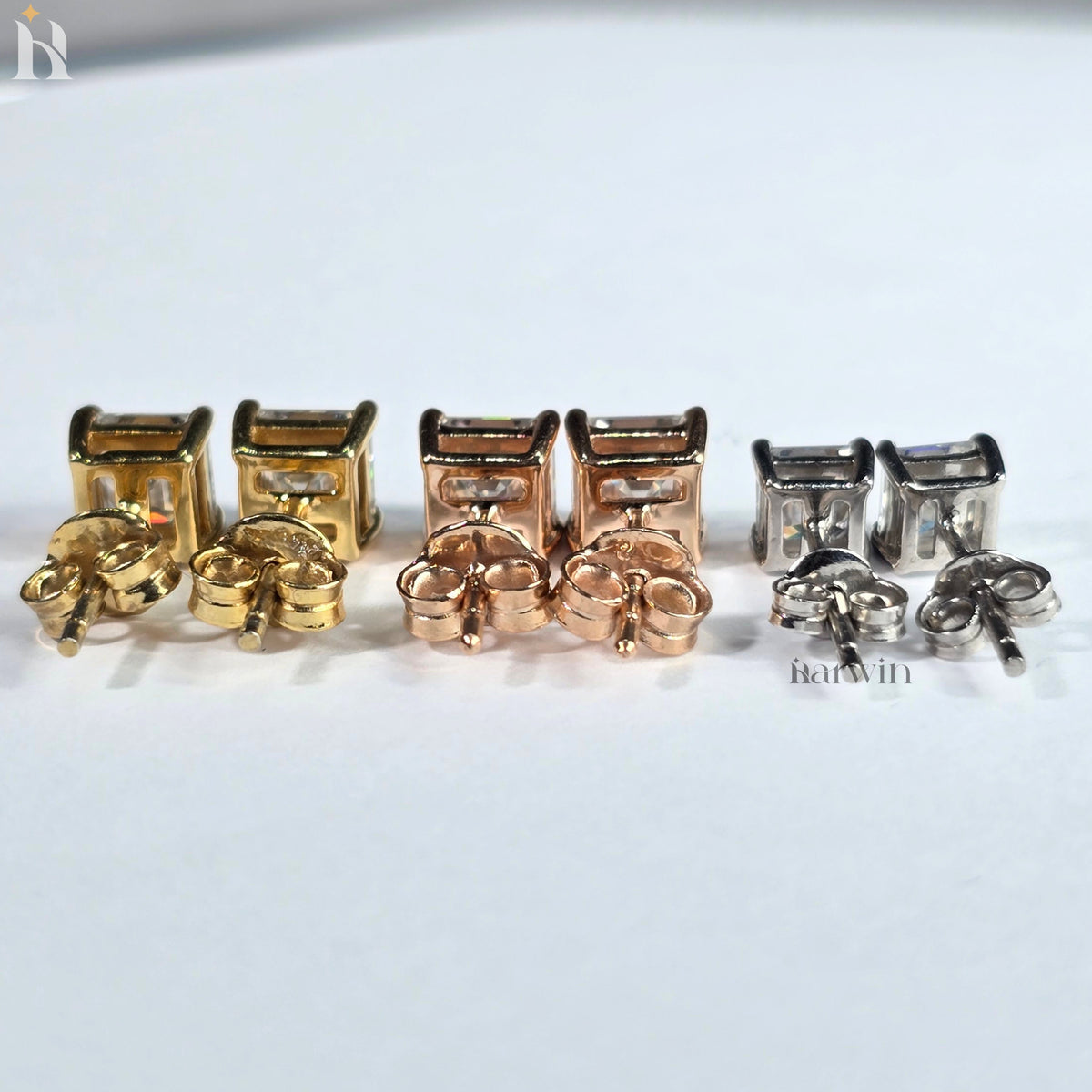 Asscher Cut Moissanite Diamond Prong Setting Stud Earrings, Push Back Solitaire Earrings
