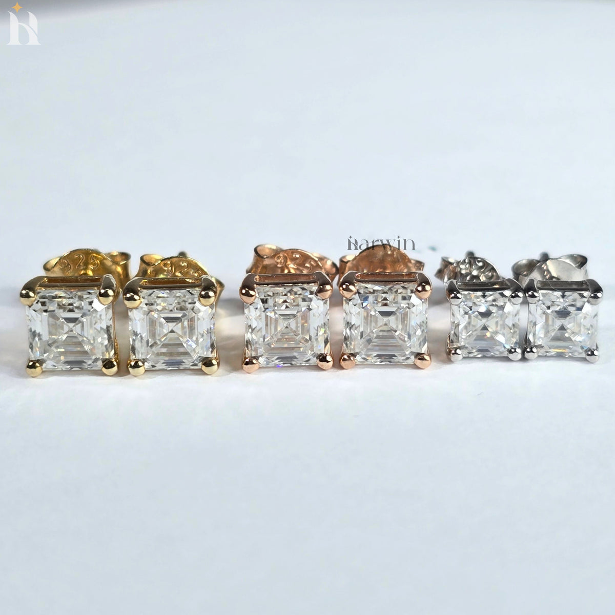 Asscher Cut Moissanite Diamond Prong Setting Stud Earrings, Push Back Solitaire Earrings
