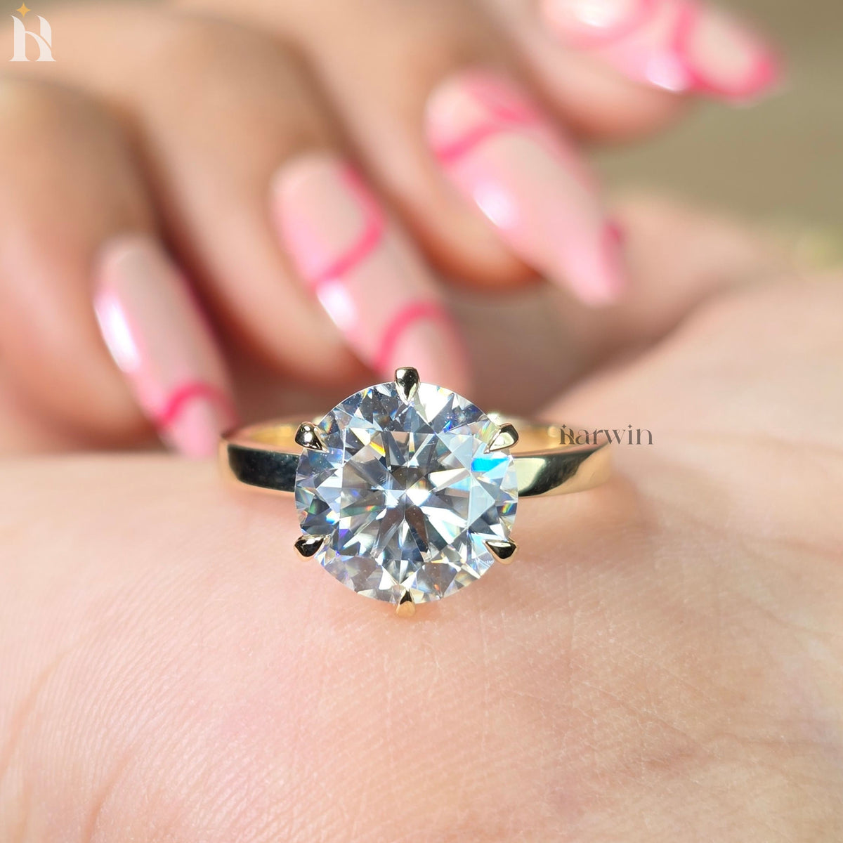 3.5CT Round Cut Moissanite Engagement Ring, 14k Solid Gold 6-Prong Solitaire Ring