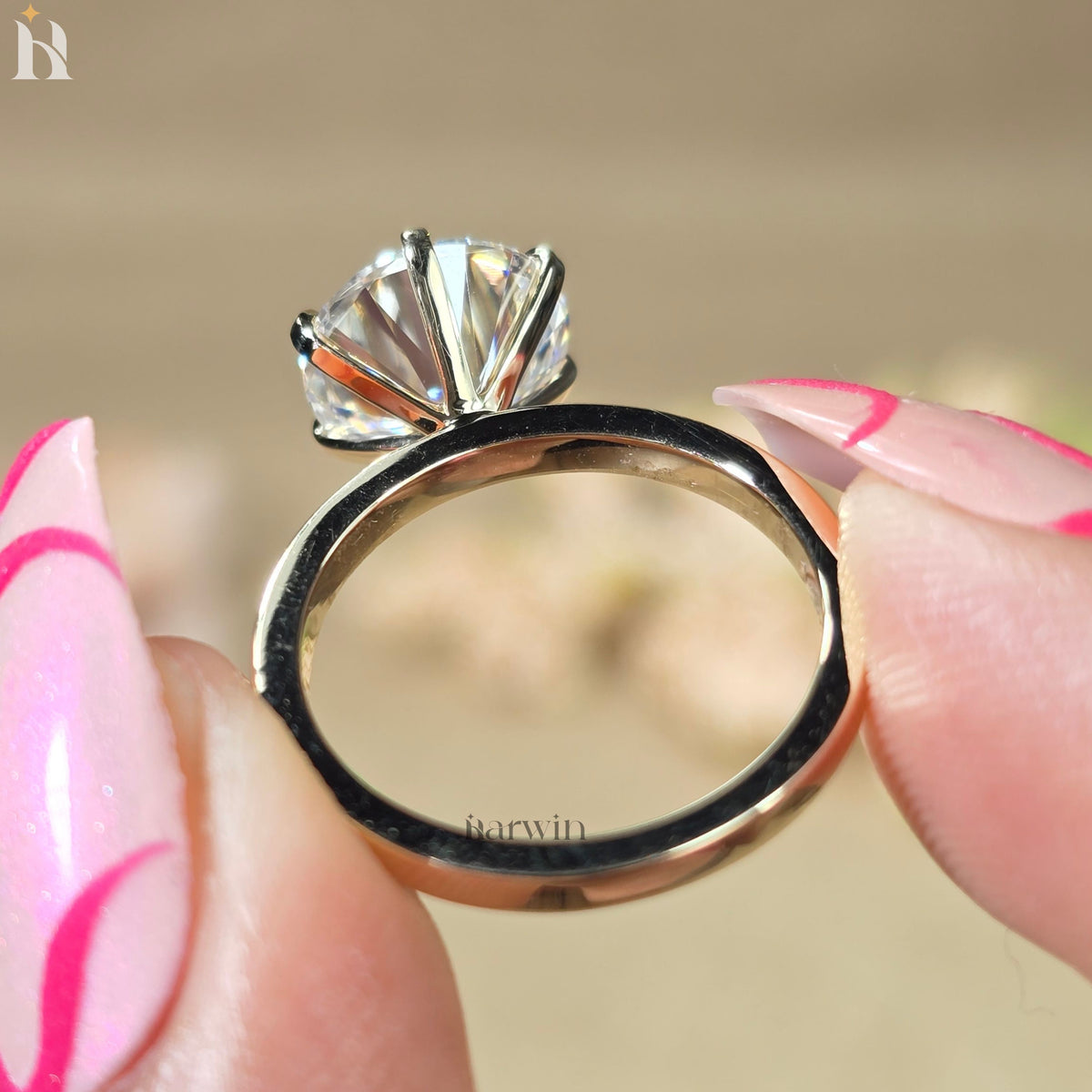 3.5CT Round Cut Moissanite Engagement Ring, 14k Solid Gold 6-Prong Solitaire Ring