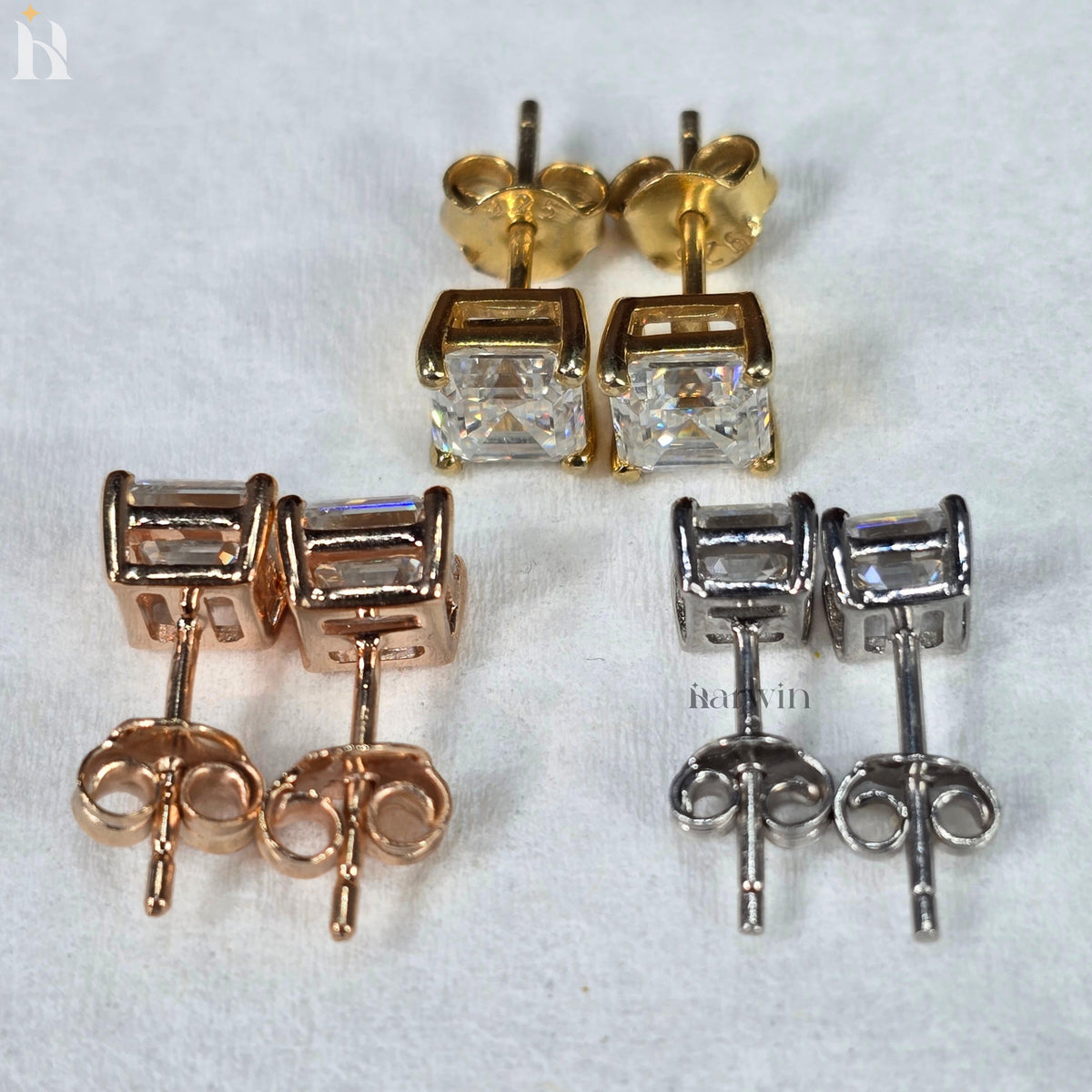 Asscher Cut Moissanite Diamond Prong Setting Stud Earrings, Push Back Solitaire Earrings